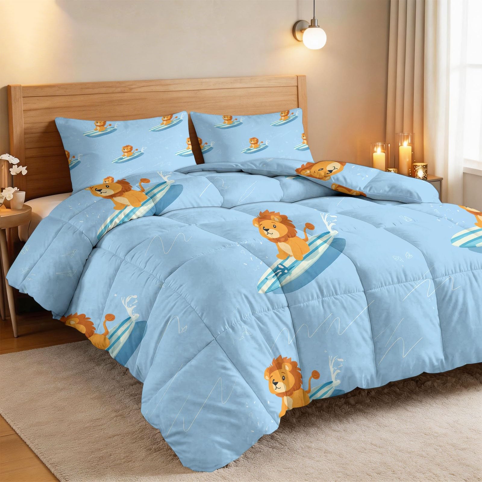 Generisch Surfender Löwe Bettdecke 155 x 220 cm 4 Jahreszeiten Steppdecke, Cartoon-Tiere Waschbare Ganzjahresdecke Jungen Bettwaren Set Jungenzimmer Kinderzimmer Bettdecke Ohne Bezug