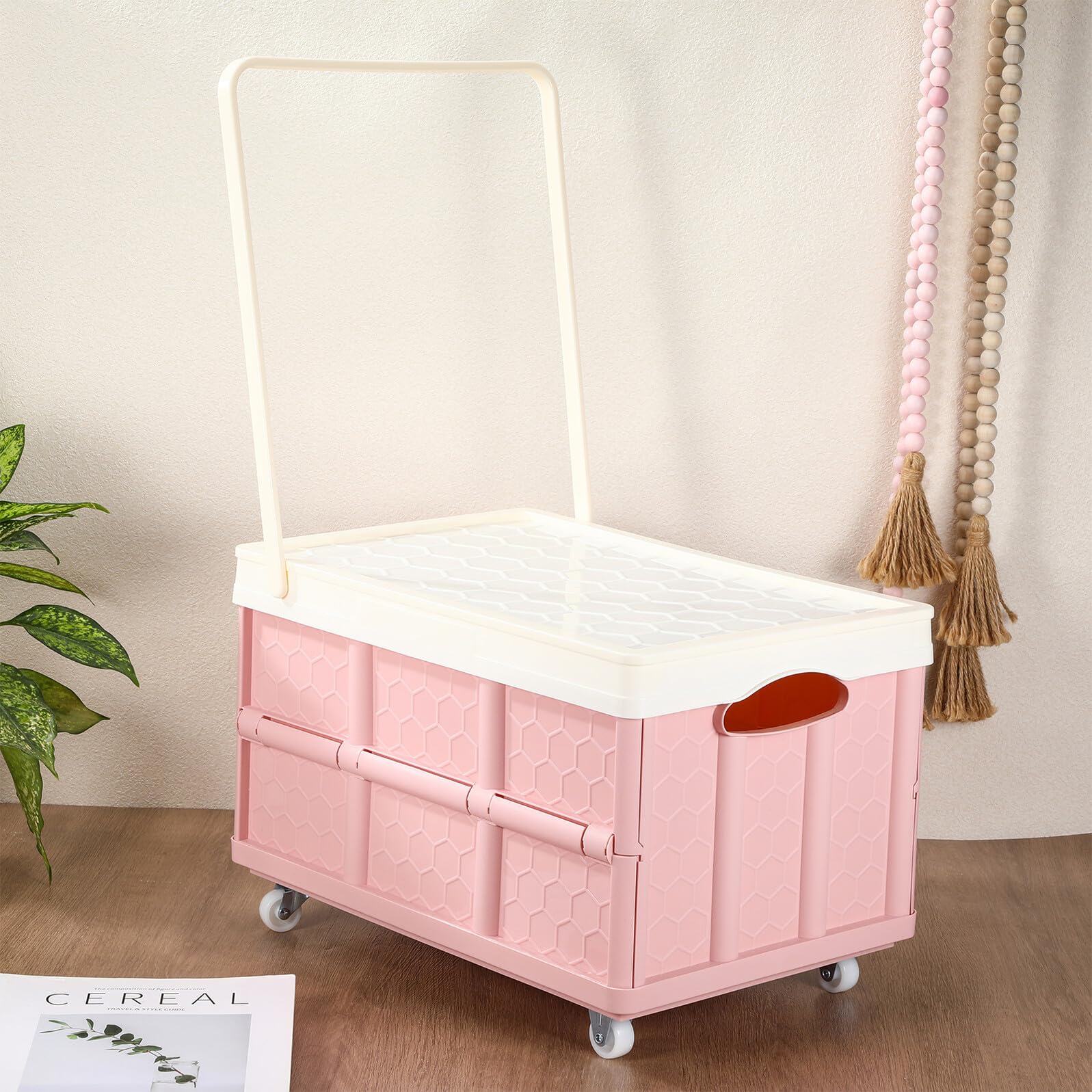 Faltbare Aufbewahrungsbox mit Deckel und Rollen, Groß, Rosa, Kunststoff