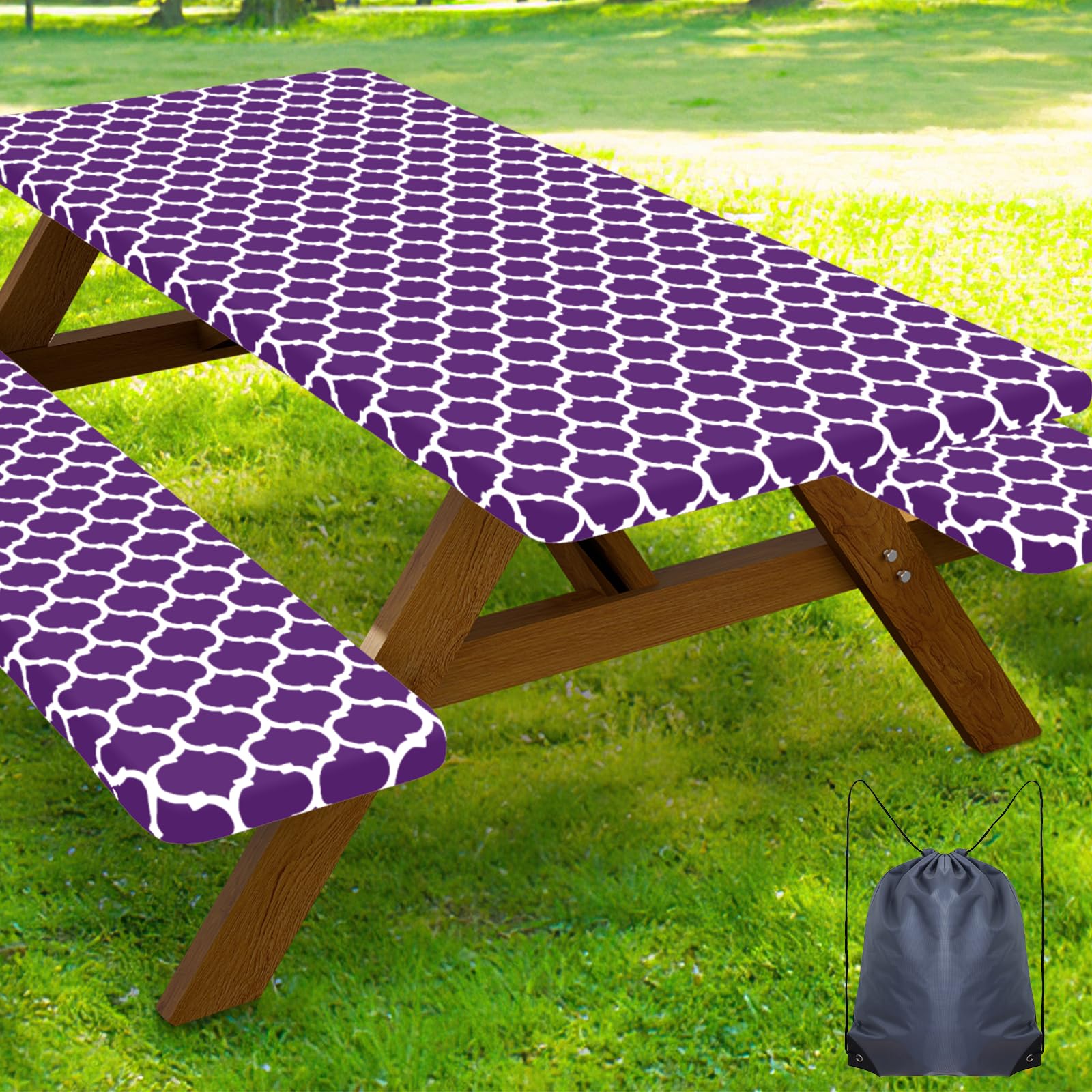Smiry Picnic Table Cover with Bench Covers, Waterproof Elastic Fitted Tablecloth for 6 Foot Tables, Washable Polyester Tablecloths for Camping, Indoor &amp; Outdoor (Purple, 30x72 Inch 3-pc Set)