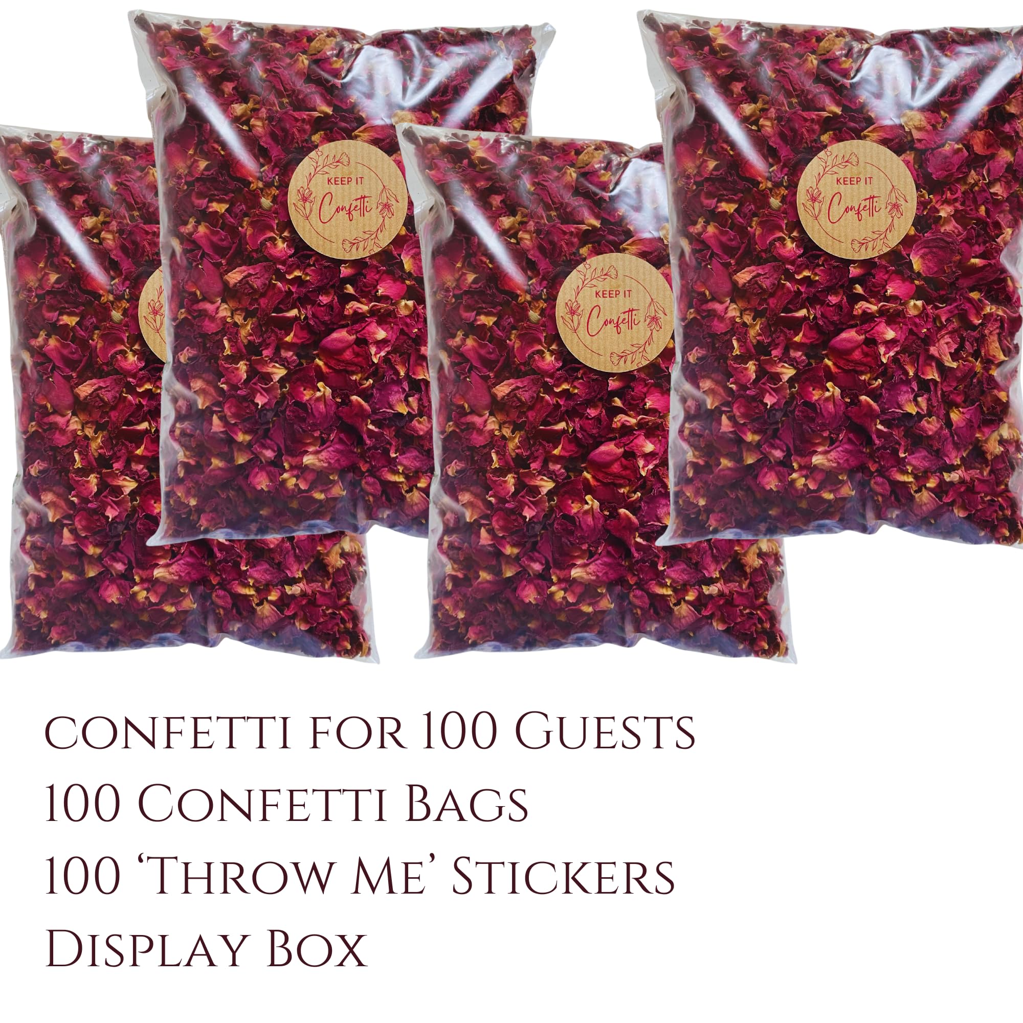 KEEP IT Konfetti Kit 100 Gäste | Natürliches biologisch abbaubares Konfetti Hochzeit | 100 Pergaminbeutel, Aufkleber & Displaybox | Getrocknetes Blumen-Konfetti: Rosenblätter und Lavendel | Eco