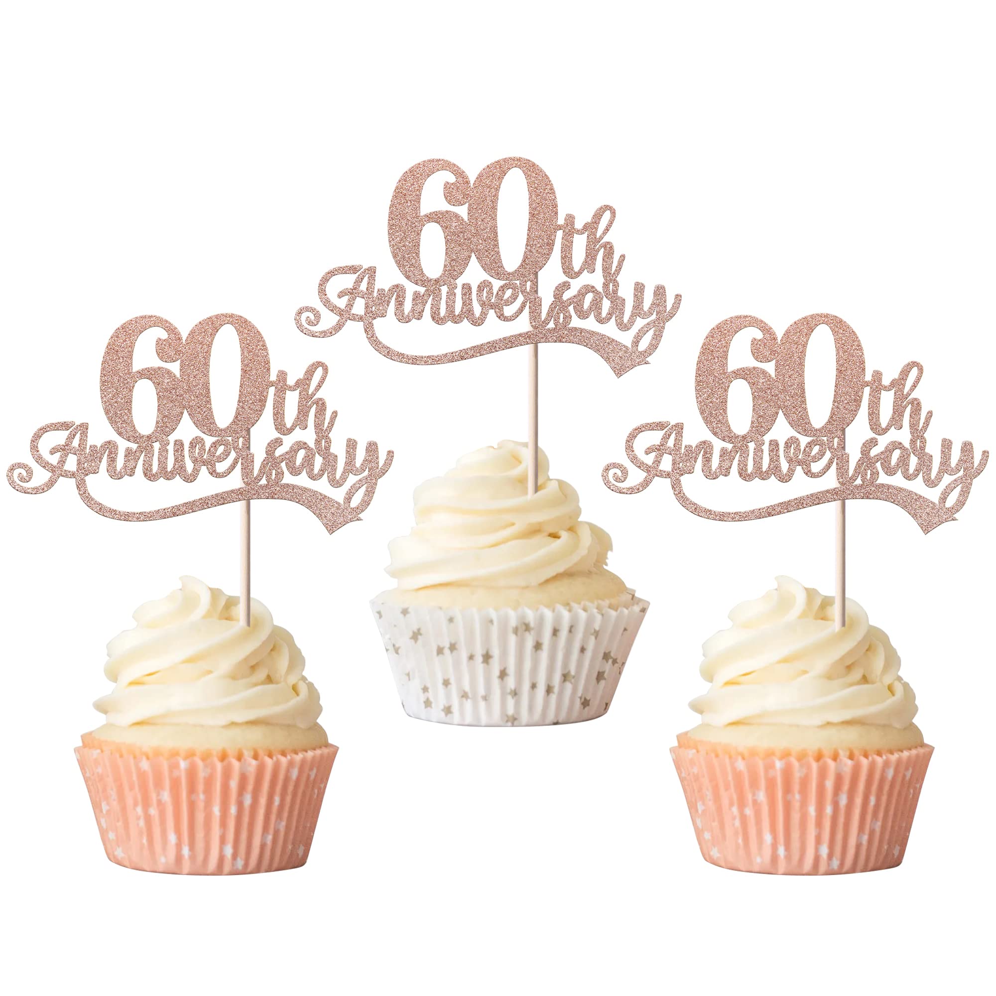 Rsstarxi 24 Pack 60th Anniversary Cupcake Toppers Glitter Cheers to 60 Years Wedding 60 th Birthday Cupcake Picks for Happy 60th Anniversary Birthday Retirement Party Cake Decorations Rose Gold