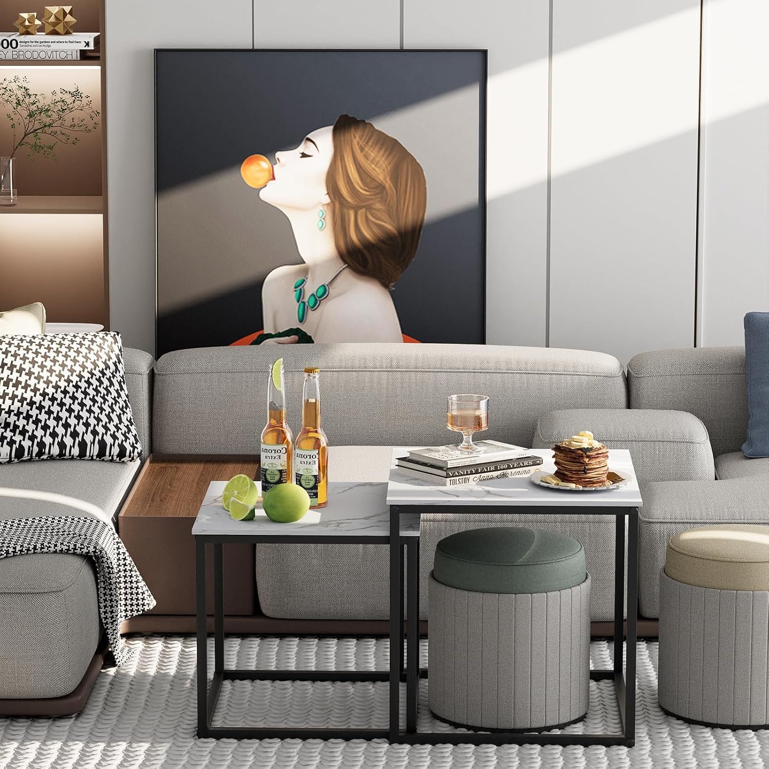 Huhote Quadratisch Couchtisch 2er Set, Moderne Wohnzimmertisch, Couchtisch Aus Holz, Wohnzimmertisch Klein, Beistelltisch, Sofatisch, Coffee Table für Wohnzimmer, Schlafzimmer, Büro, Schwarz+Weiß