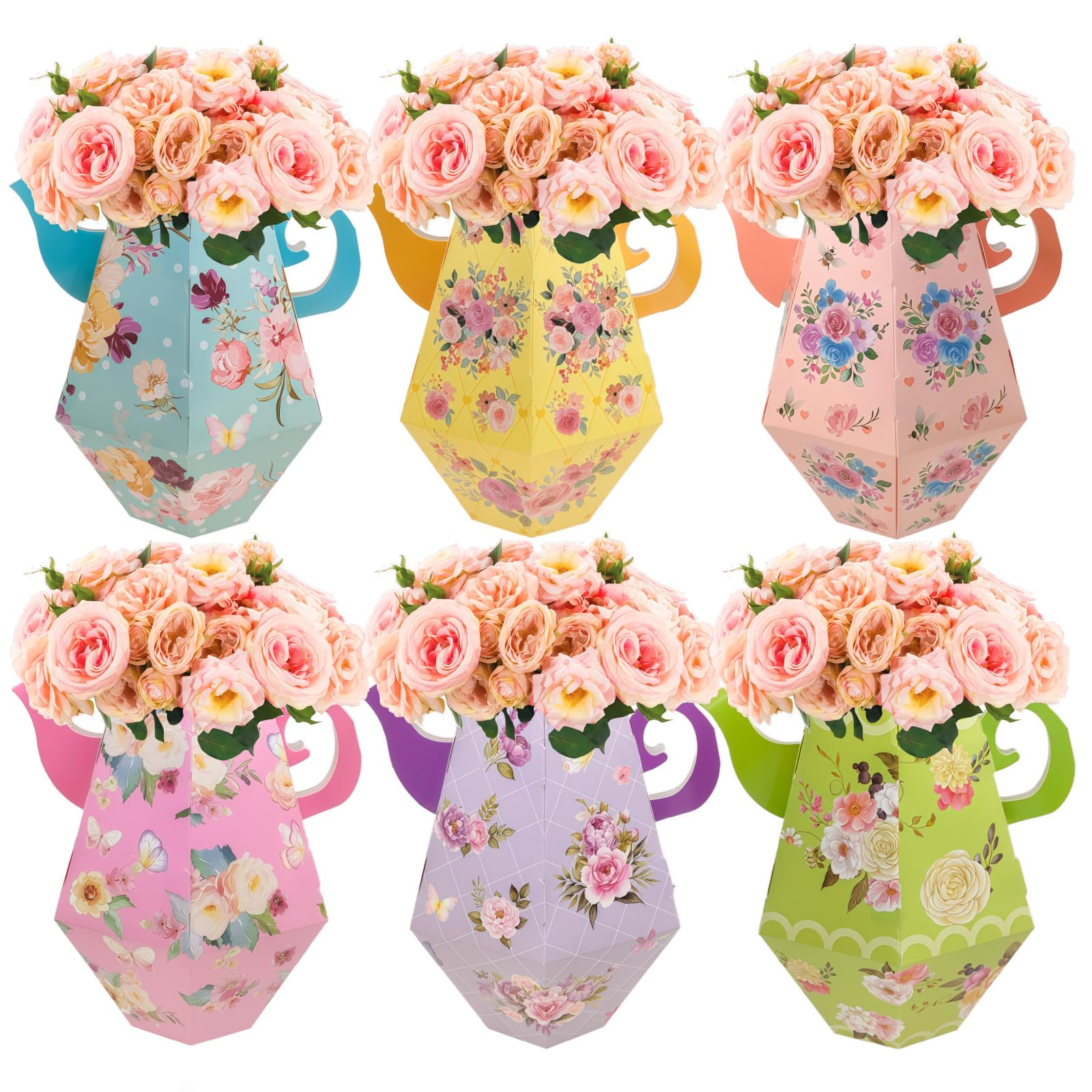 6 Pack Tea Party Decoration Floral Flower Bouquet Box Flower Teapot Vase