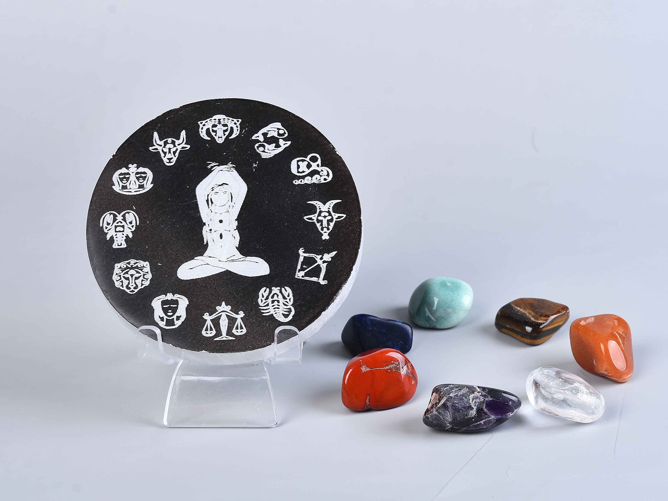 JIC Gem3.9 inch 0.51 Lbs Engraved Natural Selenite Charging Flat Slab Plate T5,Selenite Charging Station