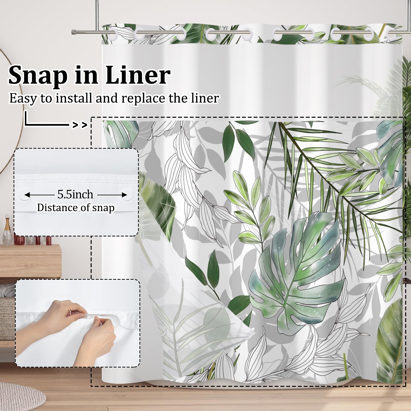 Duschvorhang ohne Haken, mit einrastbarem Innenfutter, doppellagig, wasserdicht, waschbar, Stoff mit durchsichtigem Netzfenster oben, für Badezimmer, Hotel, 180 x 200 cm
