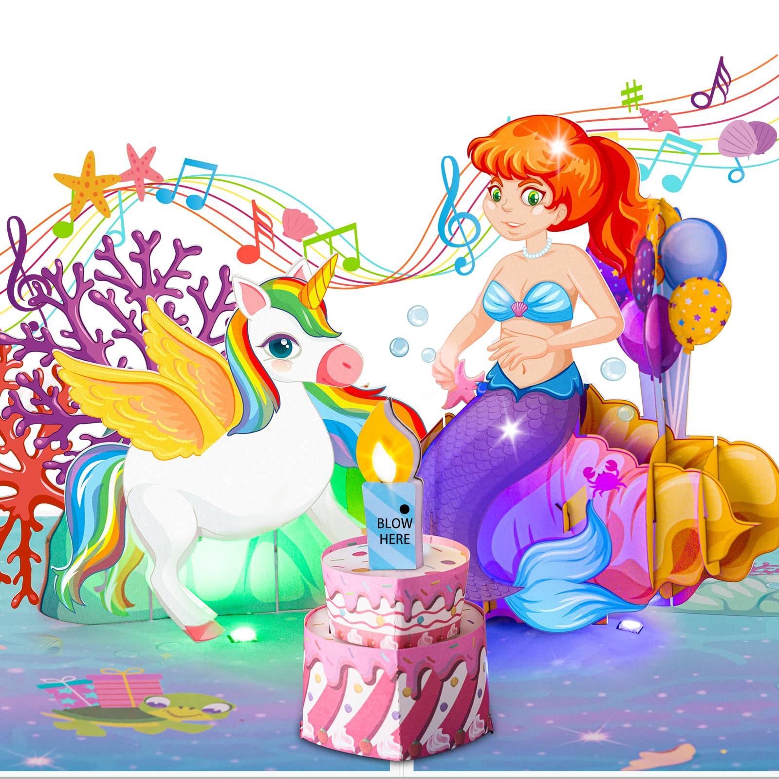 CUISH Mermaid Musical Birthday Cards for Girls Kids Daughter, 3D Pop Up Birthday Greeting Cards with Colorful Light & Blowout Candle & Birthday Music for 1-13 Year Old Girls Gift