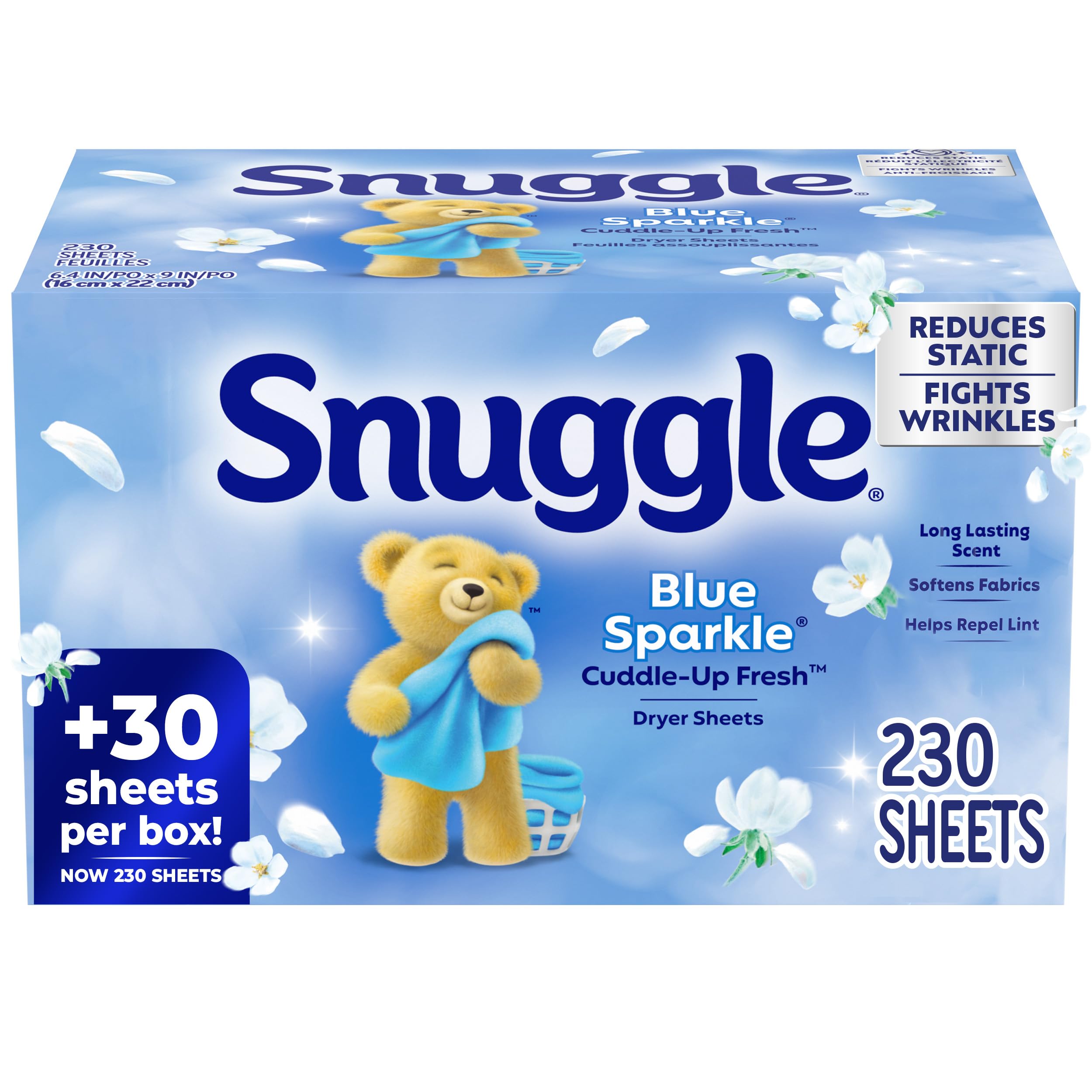 Snuggle Fabric Softener Dryer Sheets, Long-Lasting Fresh & Clean Scent, Softens Fabric, Reduces Static, Fights Wrinkles, Helps Repel Lint & Pet Hair, HE Safe, Blue Sparkle Cuddle-Up Fresh, 230 Ct
