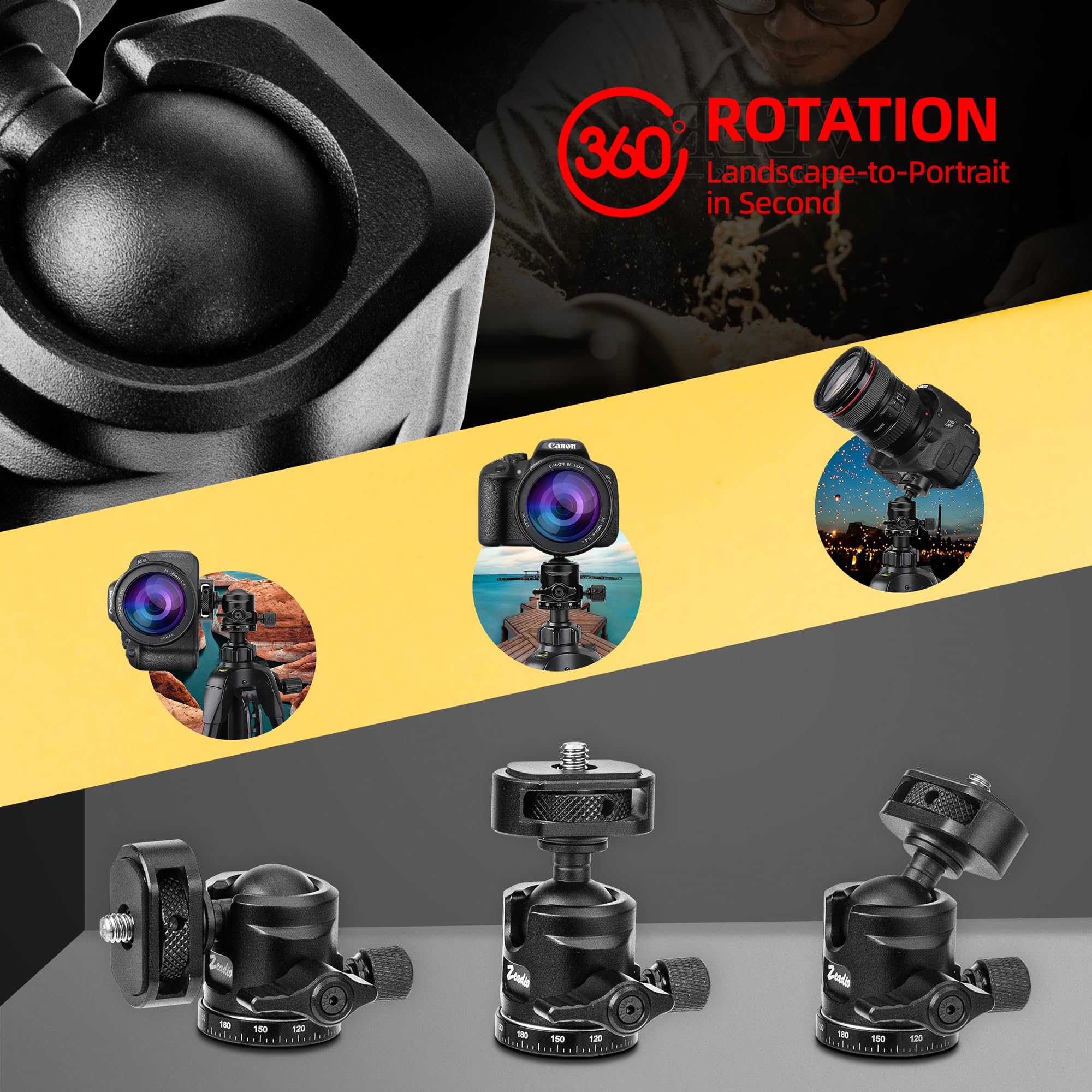 Zeadio Mini Metallo Testa a Sfera, Testa a Sfera Panoramica a 360° con Slitta Cold Shoe e Vite da 1/4", Testa Compatta per Treppiede per Fotocamera, Monopiede, Treppiede, Vlogging, Live Streaming ecc
