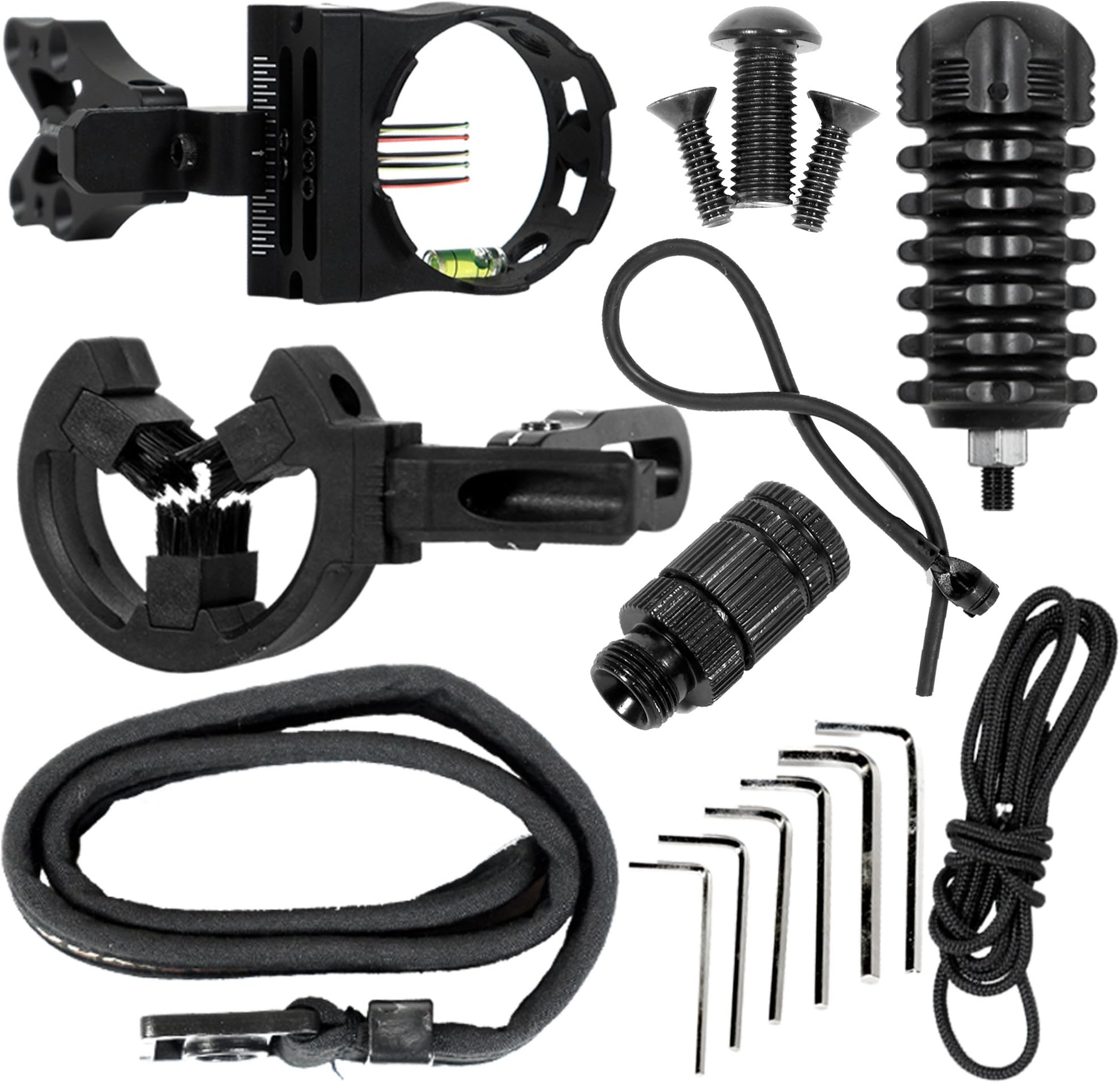 LIVABIT 8-in-1 Archery Hunting Recurve Compound Bow Accessory Upgrade Combo - 5 Pin Bow Sight + Fiber LED Light + Arrow Rest + Stabilizer + Sling + Peep + D-Loop + Allen Keys