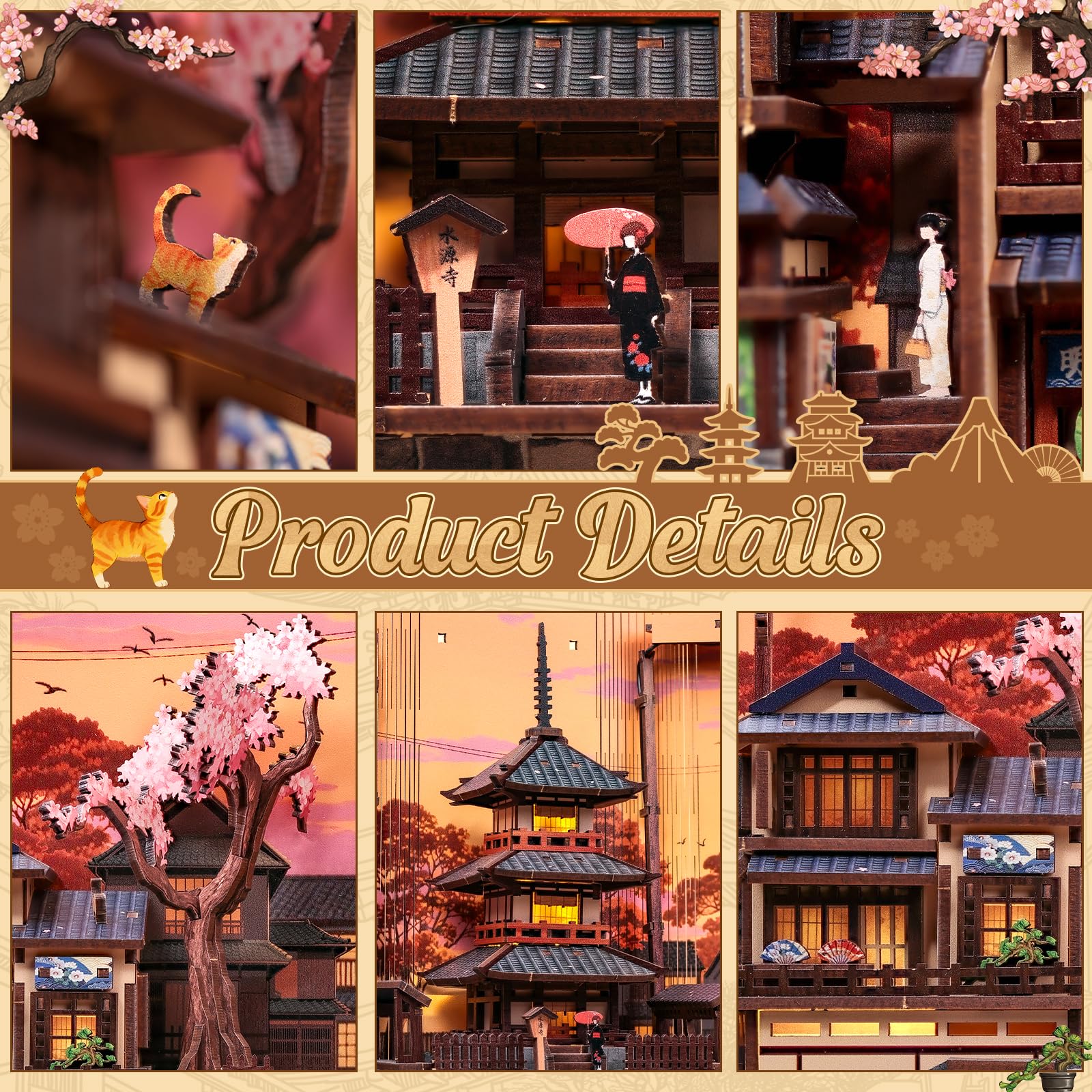 Cutefun Japoński zakątek książki, Japonia, zestaw miniaturowy 3D, drewniane puzzle dla dorosłych, diorama regałowa, rękodzieło, prezent dla kobiet, miłośników puzzli (ścieżka Sakura Path)
