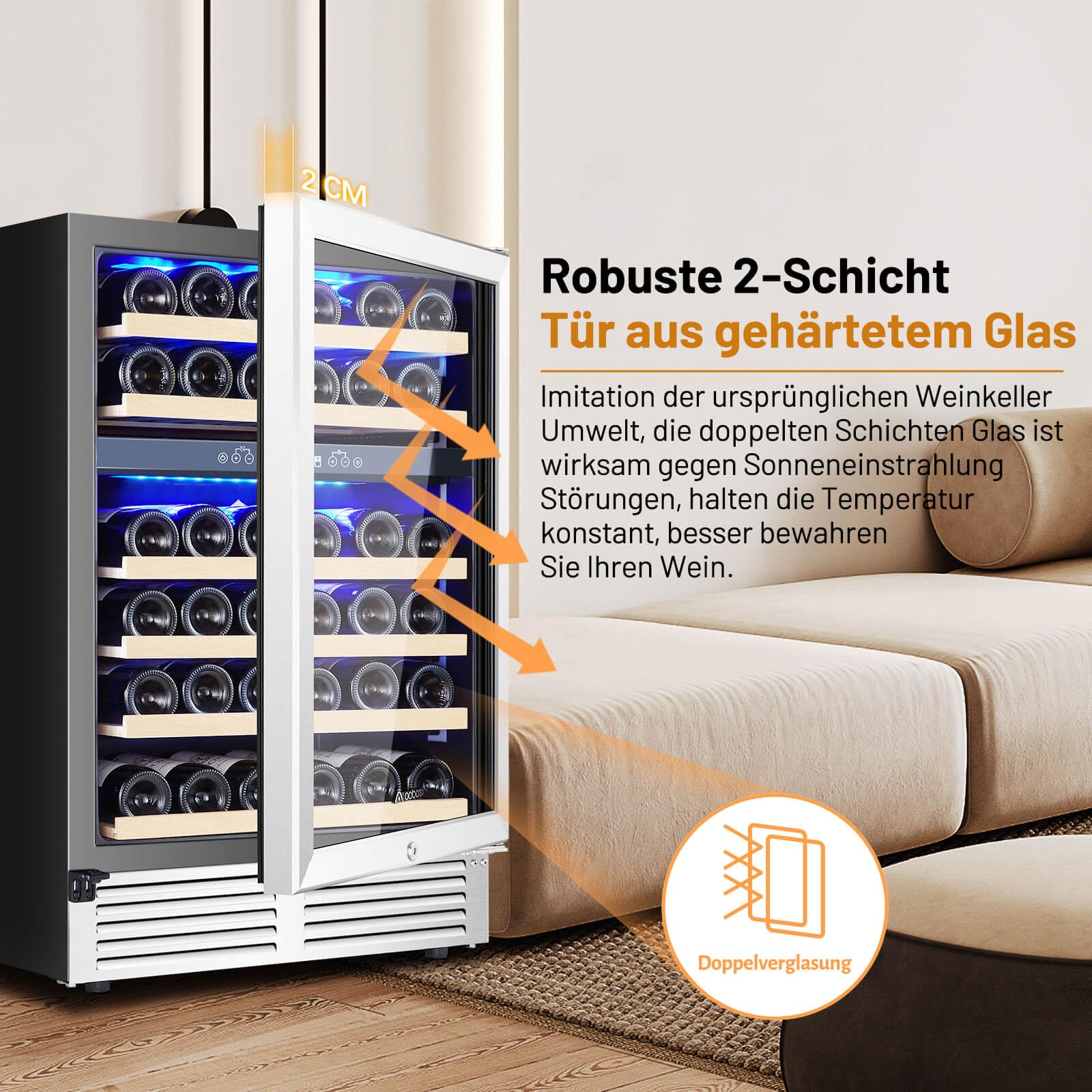 AAOBOSI Weinkühlschrank 145 Liter 41 Flaschen 2 Zonen 5-20°C LED
