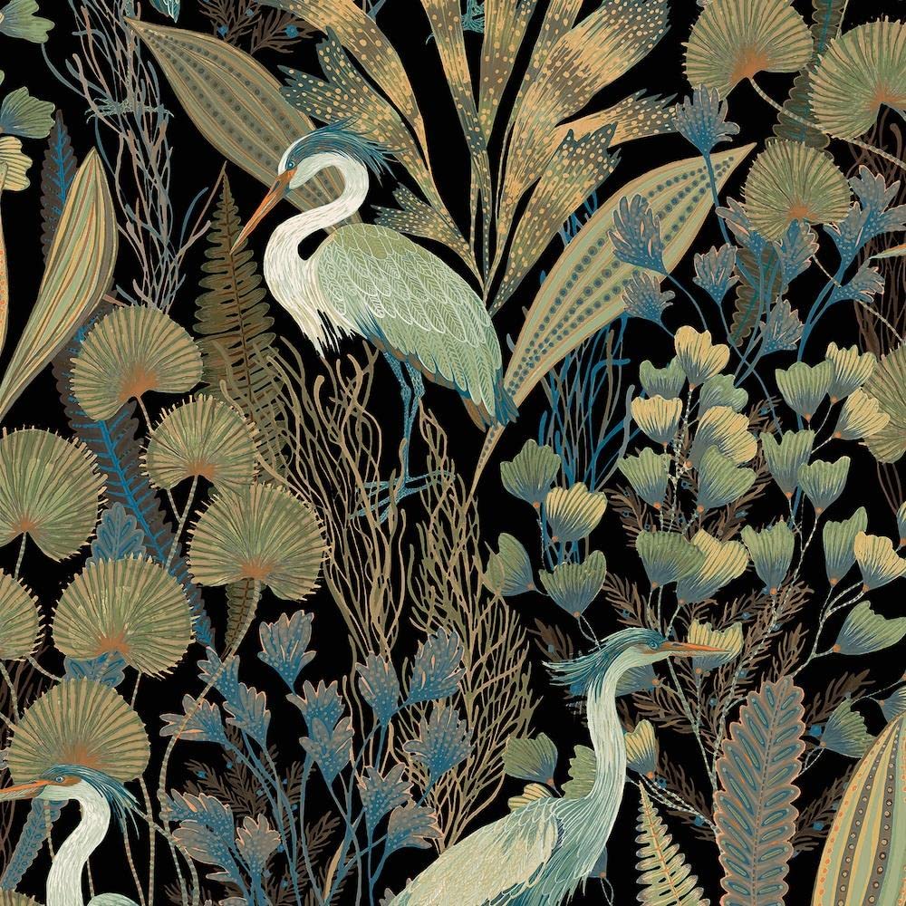 Ciara Tropical Cranes and Birds Black Vinyl Wallpaper - Floral Botanical Multicoloured - Paste The Wall Modern Contemporary