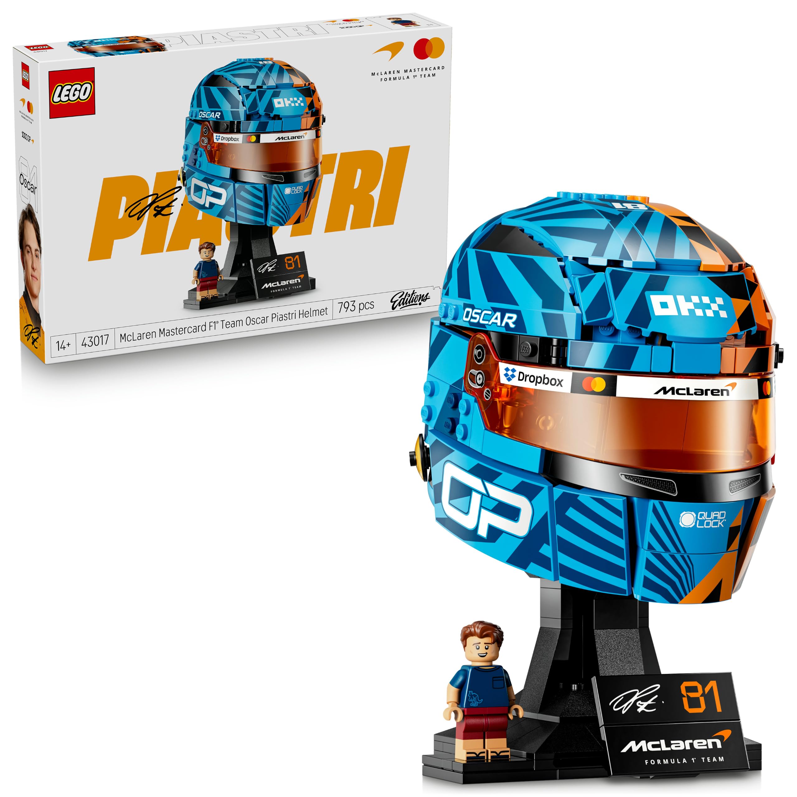 LEGO Editions McLaren Mastercard F1 Team Oscar Piastri Helmet - F1 Merchandise - Display Model Kit w/Collectible Minifigure - Gift for 14+ Year Old Boys & Adult Motorsport Fans - 43017