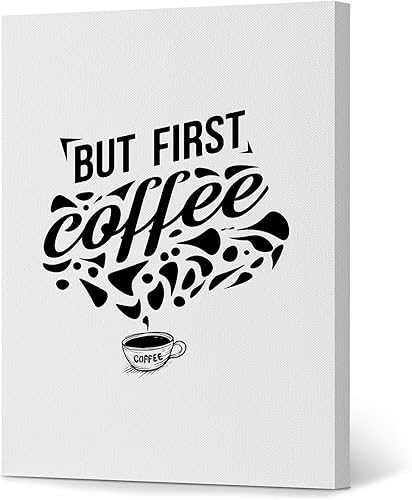 Miniatura 1 de HB Art Design Lienzo con texto en inglés But First Coffee, con cita y taza en blanco y negro, arte de pared, decoración de cafetería, decoración de