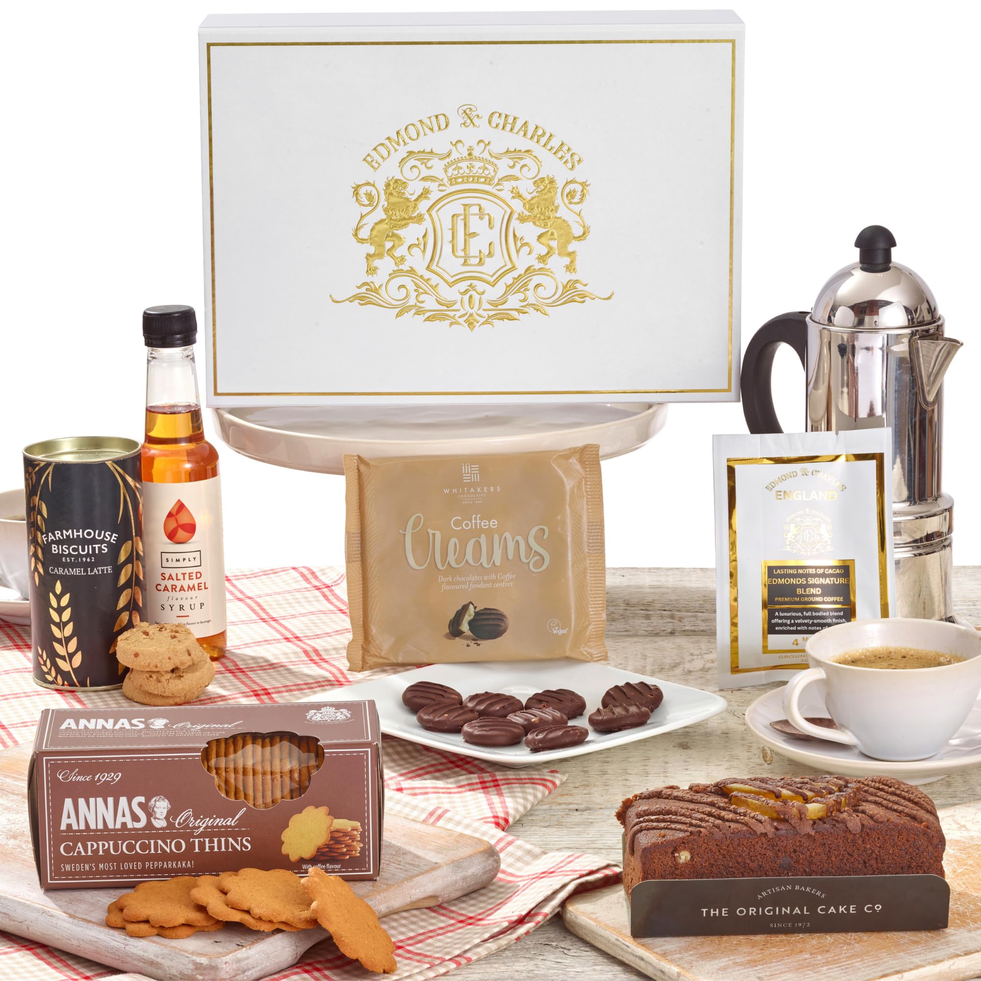 Edmond & Charles Gourmet Coffee & Chocolate Gift Hamper | Luxury Box with Edmonds Signature Blend Ground Coffee, Salted Caramel Syrup, Biscuits, Cake & Chocolates | Hampers Presents for Women & Men