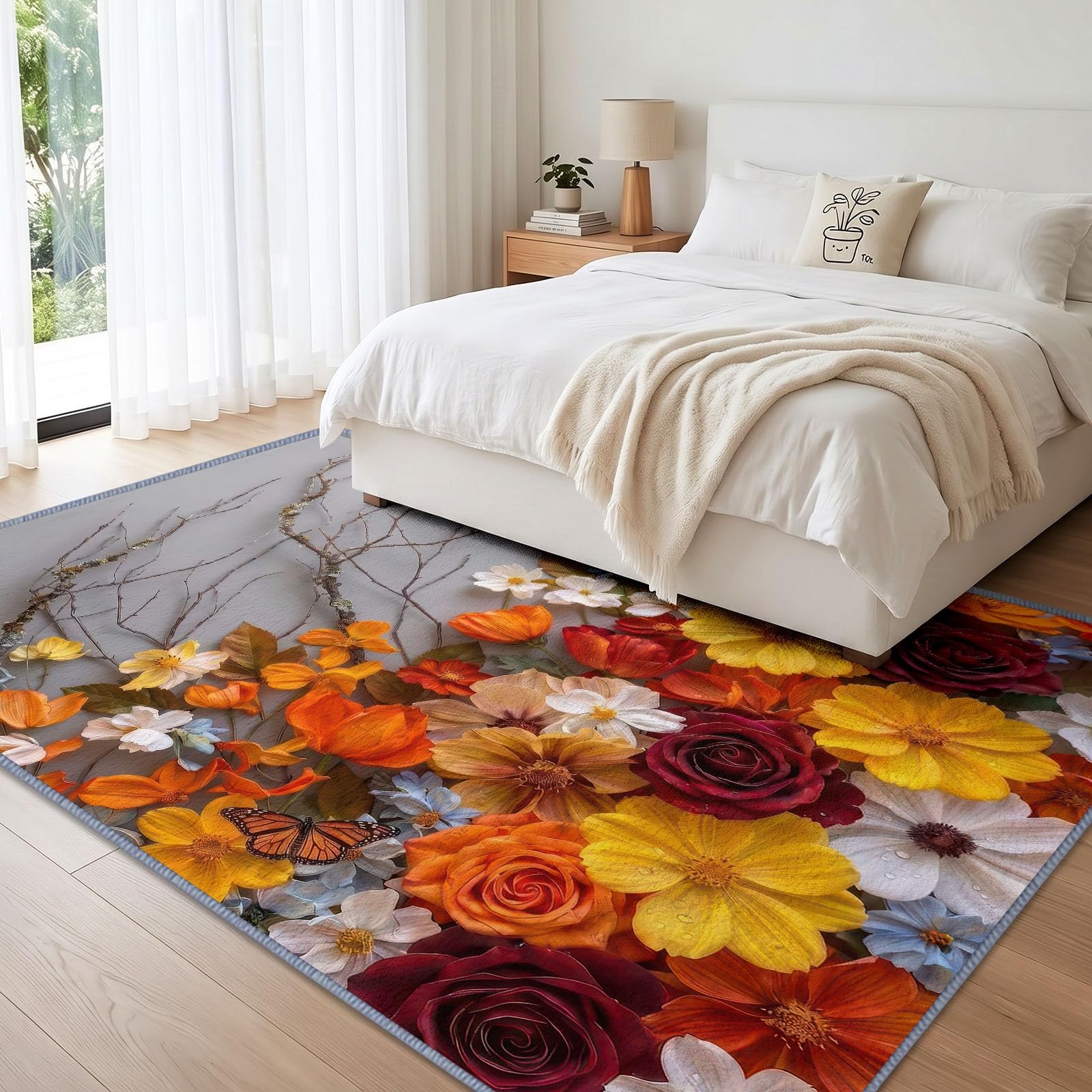 Generisch Alfombra con diseño de margaritas y tulipanes, lavable a máquina, para salón, 80 x 150 cm, diseño floral, suave pelo corto, parte trasera antideslizante, fácil de limpiar, para dormitorio y