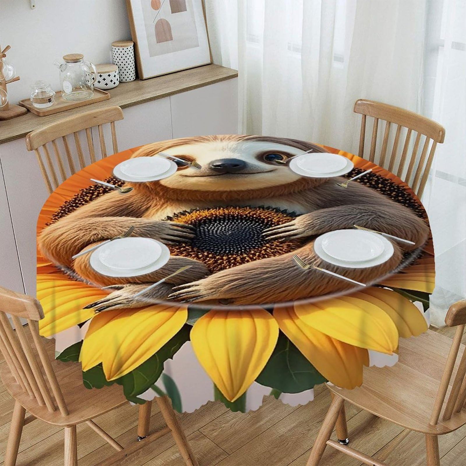 VstaDank Sloth Sitting on Sunflower Round Tablecloth 60 Inch Easy to Clean Circle Table Cover Thick Decorative Round Polyester Table Cloth for Dining Kitchen Party Farmhouse Outdoor