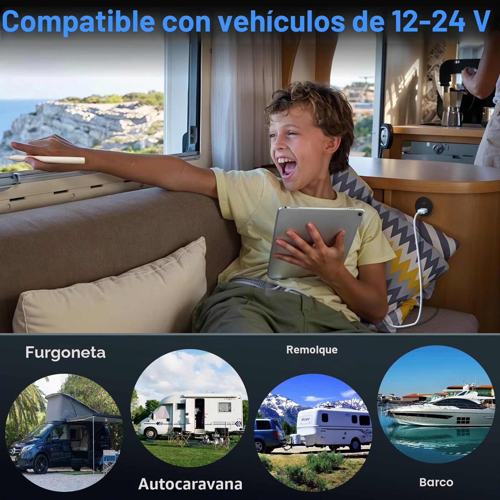 acegoo Toma USB 12V Camper Aluminio USB C Cargador de Coche, Doble Puerto de Carga Rápida PD3.0 y QC3.0 para Autocaravana Barco Marino Camión Autobús