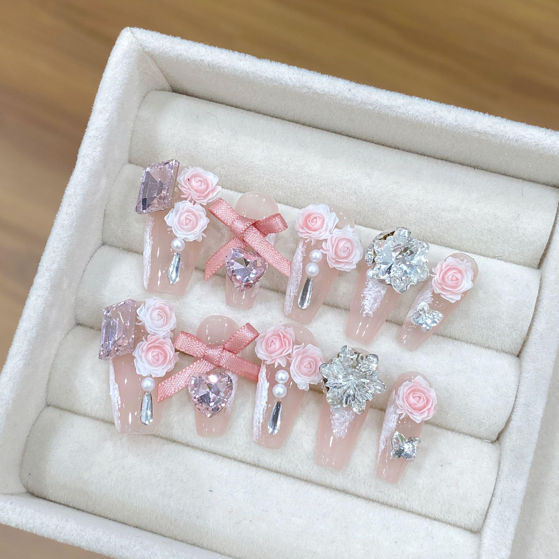 NLSJMP,Handmade Long Balerina Press on Nails,bow rhinestone Pearl Design Nail Art Kit,Acrylic Fake Nails Kit,Reusable False nails,Include Toolkit,