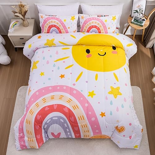 Miniatura 9 de Btargot Juego de edredón de 3 piezas para niños con 2 fundas de almohada, corazones de amor de dibujos animados, soles y estrellas, juego de ropa de
