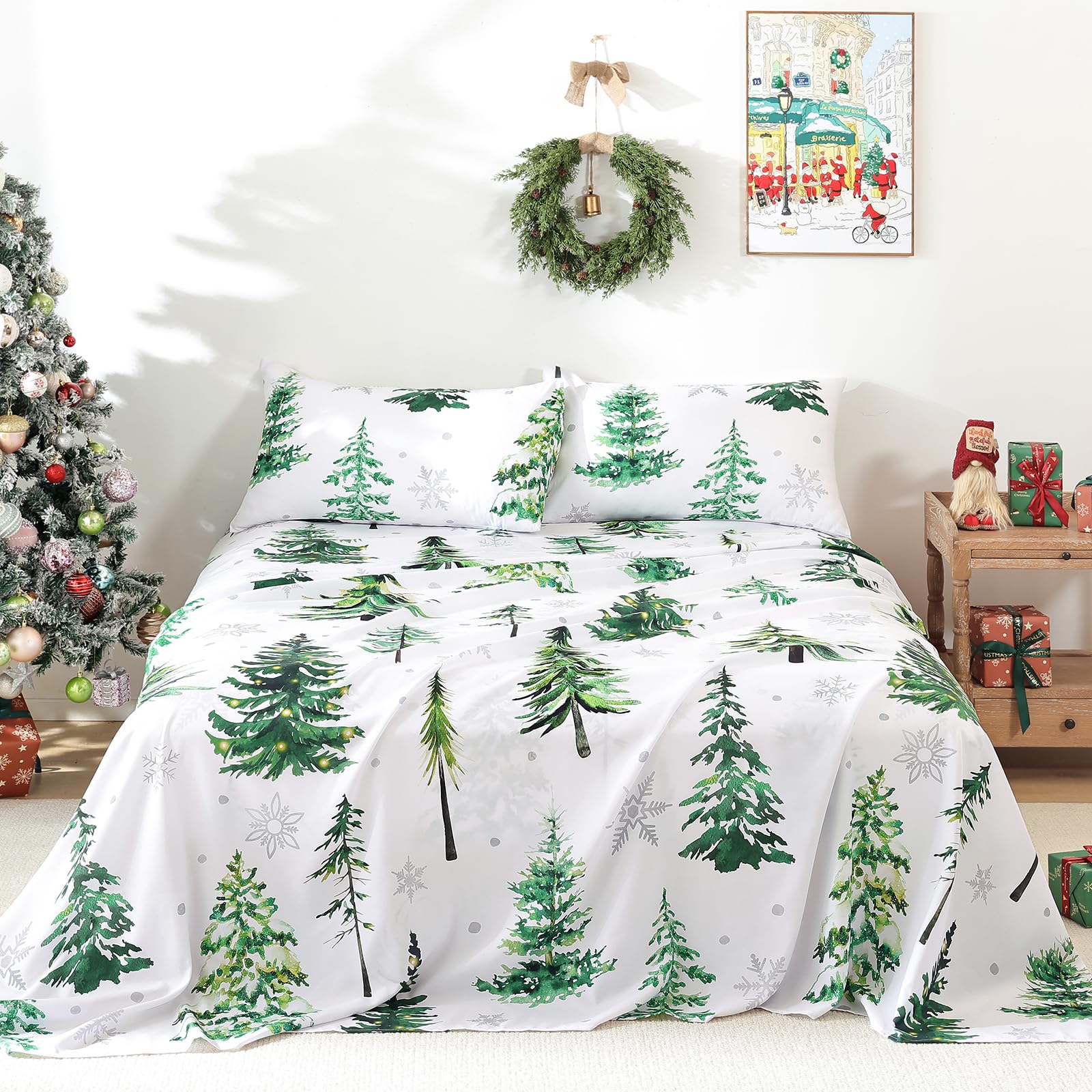 Photo 1 of *** STOCK PHOTO SIMILAR *** Luxudecor Christmas Sheet Set King Size 4 Pieces Reindeer Green Christmas Tree Fitted Sheet Deep Pocket Soft Microfiber Bed Sheets and Pillowcase for Winter