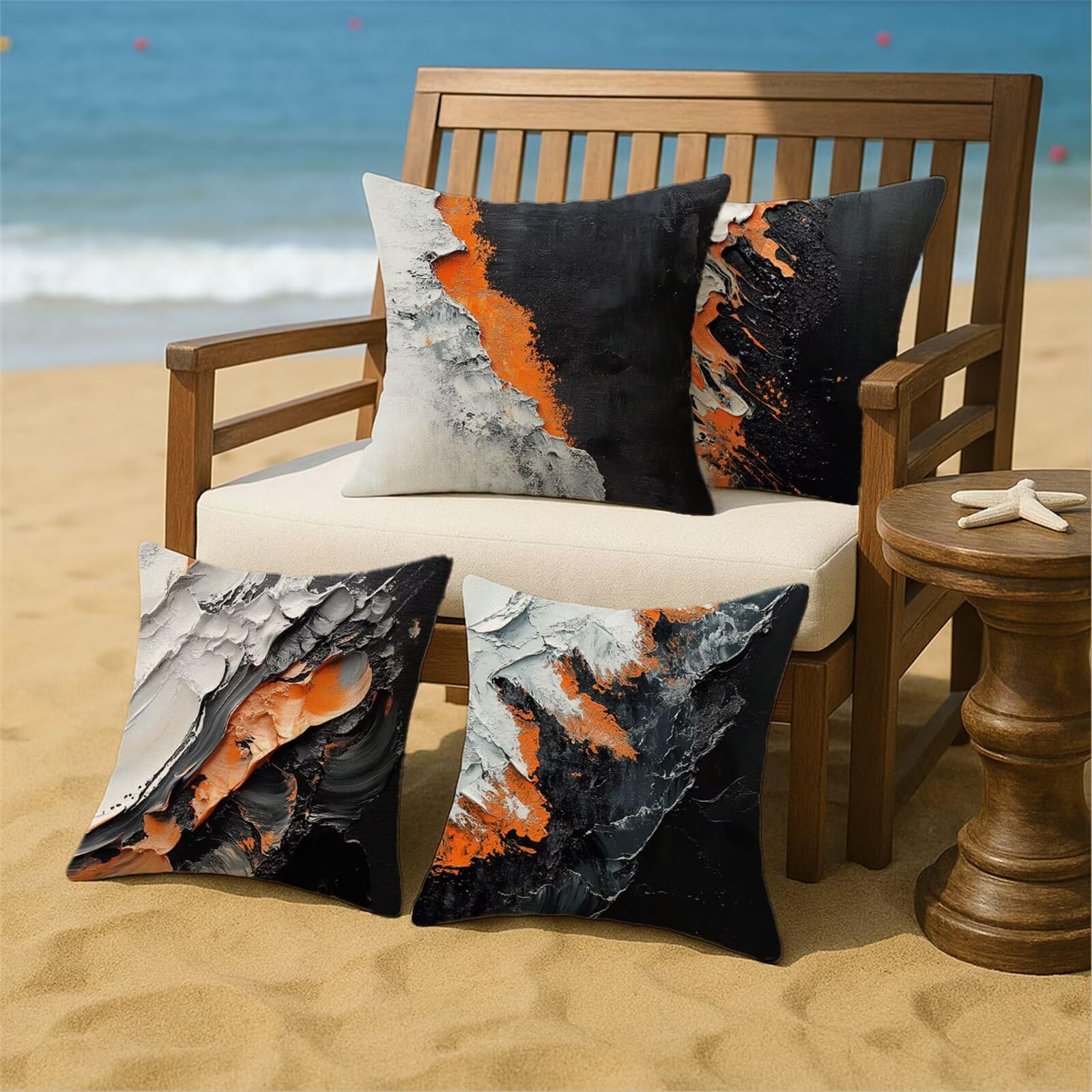 Outdoor Kissen Schwarz Weiß Kissenbezug 60x60 cm 4er Set Balkon Dekokissen Orange Outdoor Kissenhülle Wasserdichte Samt Doppelseitiger Gedruckte Sofakissen Garten Balkon Zierpolster OutdoorDeko z-635