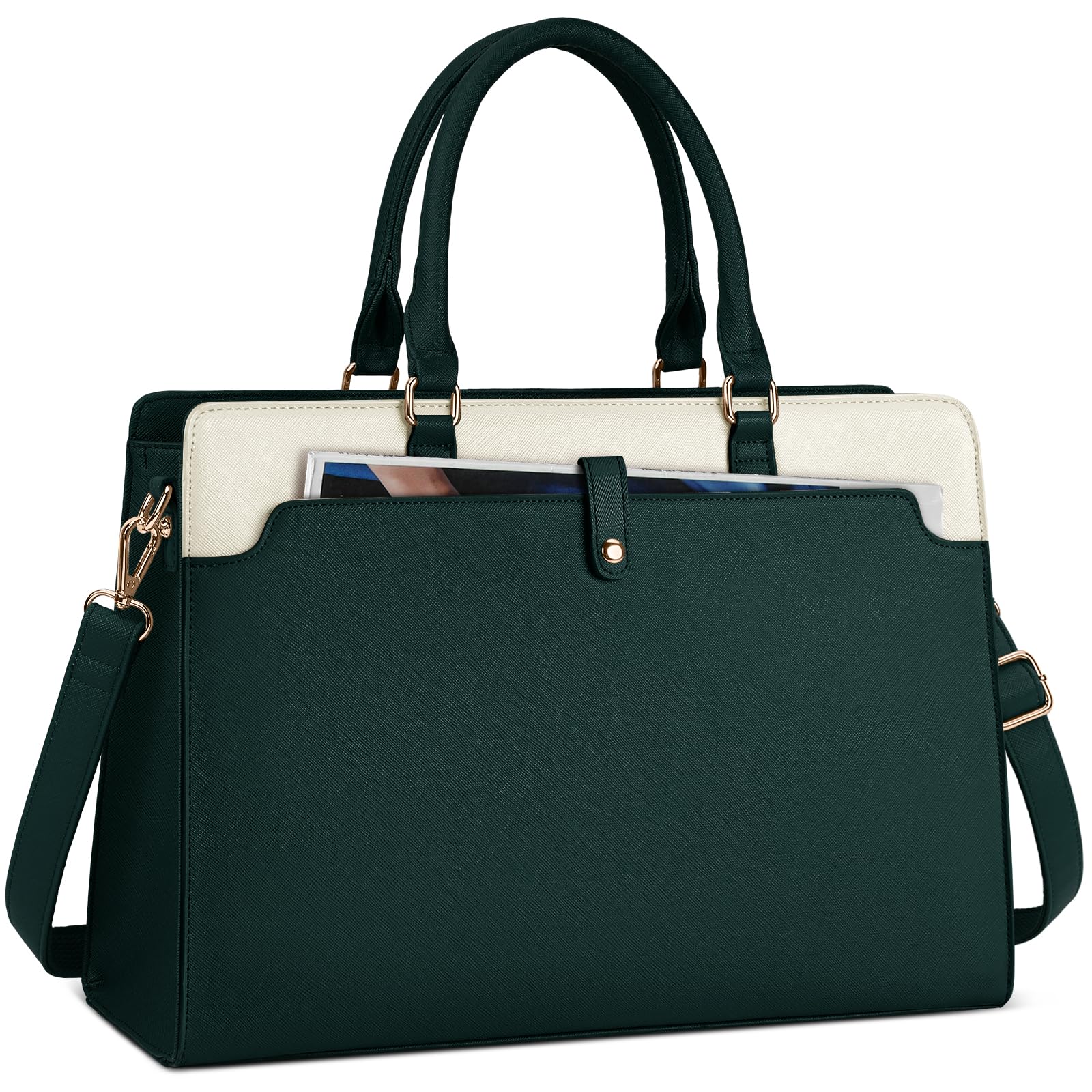 Rainsmore Laptop Tote Bag for Women - 15.6 Inch, Leather, Waterproof, Business Office, Large Capacity, Shoulder Bag, Beige and Dark Green