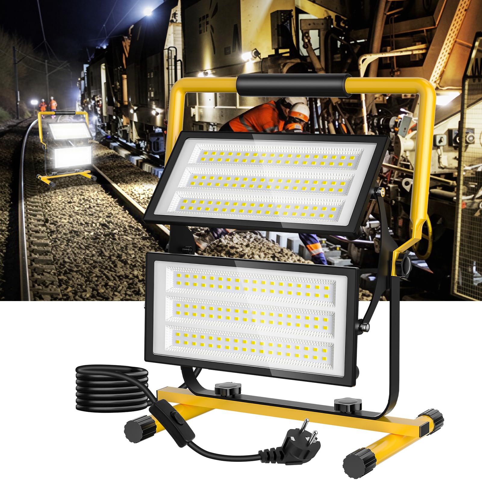 200W Led Work Light, 2,2000LM Job Site Light, Work Lights 240v, Portable Plug in floodlight 6500K with Independent Switch Control, 3M Cable, IP66 Waterproof for Workshop, Construction Site, Garage