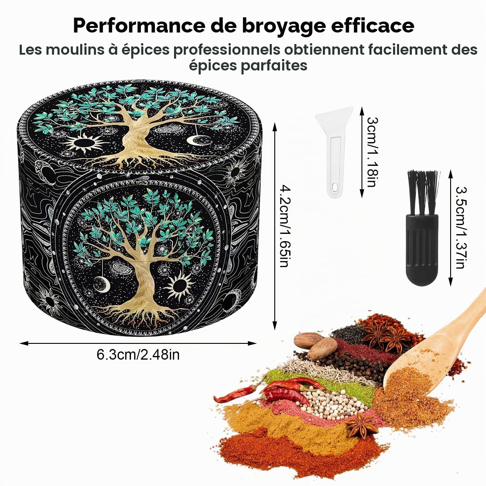 Grinder Effriteuse, Grinder metal pour moulin a sel epices poivre, Grand broyeur 63 MM avec grattoir et brosse en plastique (Motif d'arbre)