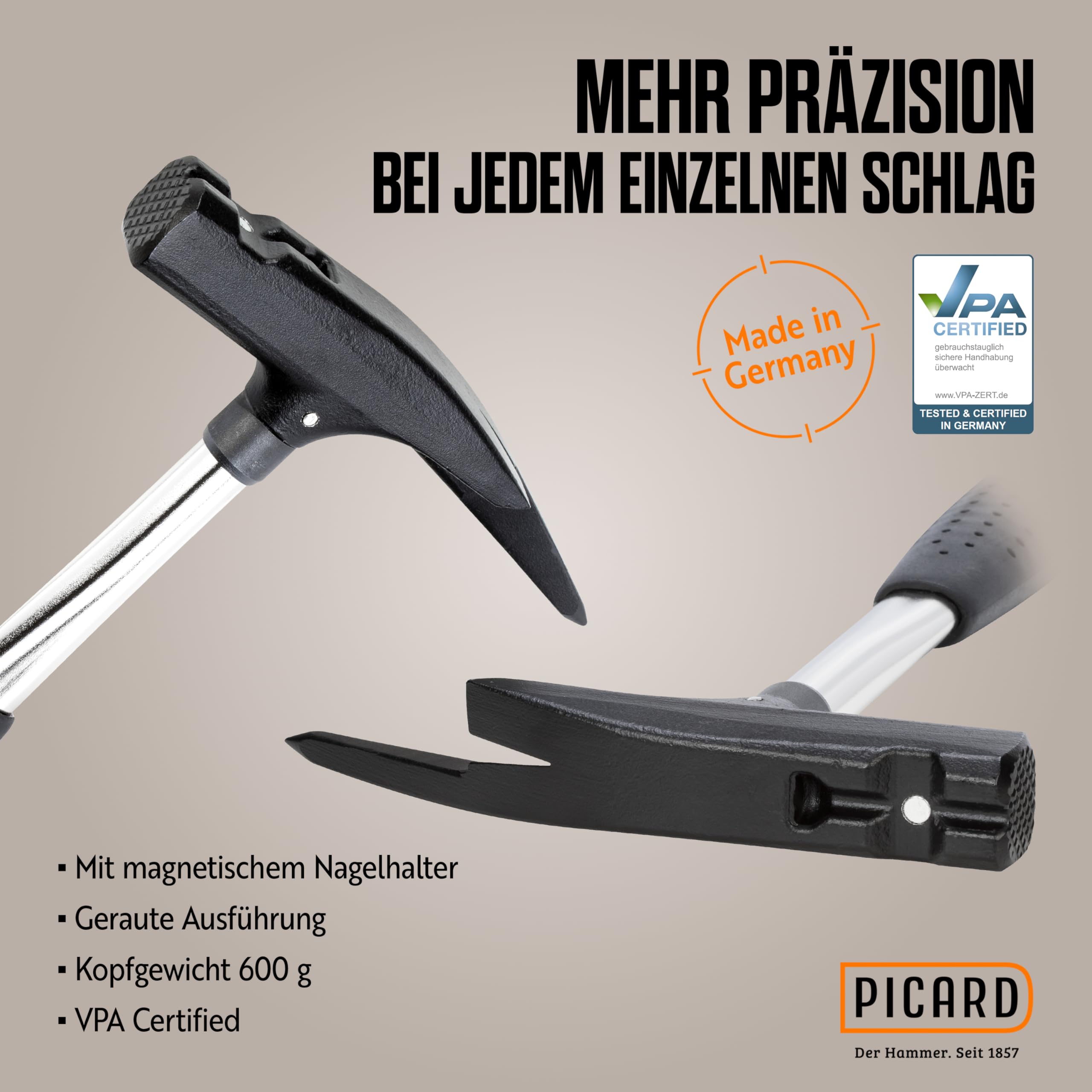 PICARD Latthammer Nr. 620M 600g geraut | Magnetischer Nagelhalter | GS-geprüft & VPA-zertifiziert | Korrosionsgeschützt | Ergonomischer Griff | 320mm Länge | DIN 7239 | Made in Germany seit 1857