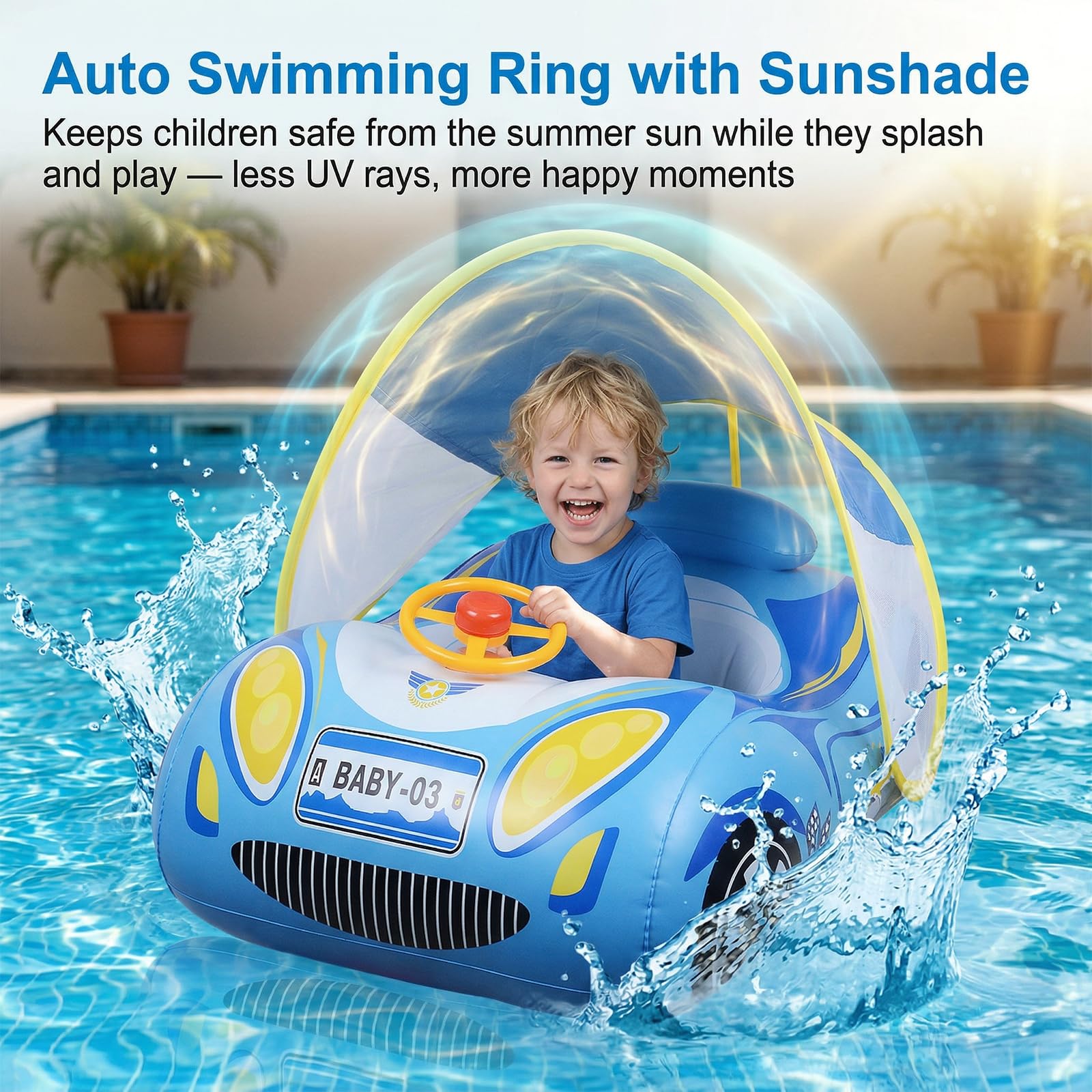 Baby Schwimmring mit Sonnendach UPF50+ & Spielzeug Spielen Lenkrad Kinderboot Babyschwimmreifen mit Patch-Kit Schwimmring Baby für Kinder von 1–4 Jahren