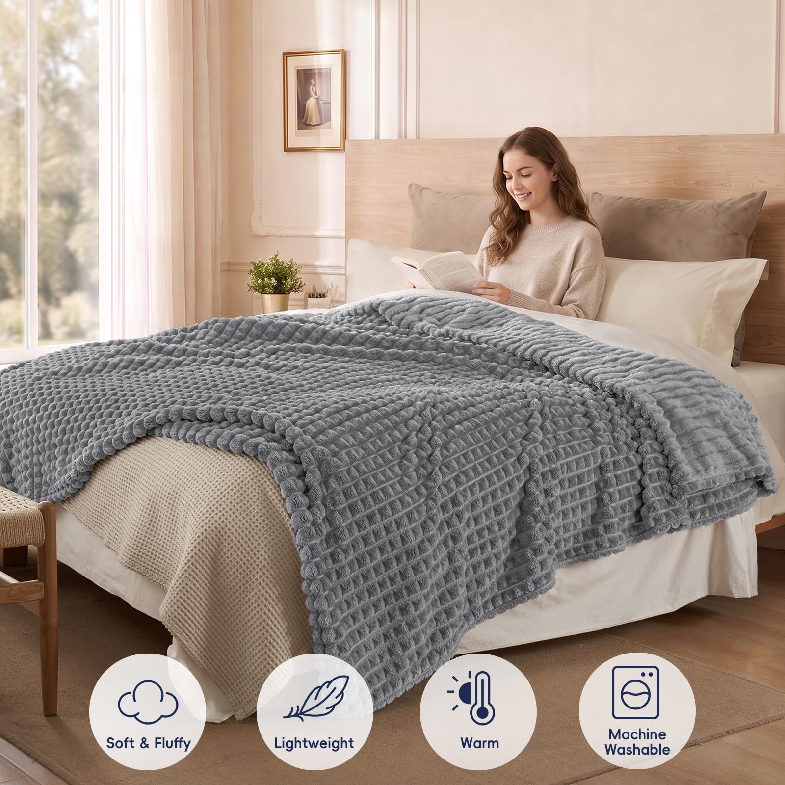 PHF Coperta in pile per letto singolo, 380 g/m², super morbida e calda, per autunno e inverno, senza pelucchi, non perde pelo, leggera, con clip 3D, decorativa, per divano, 168 x 228,6 cm, effetto