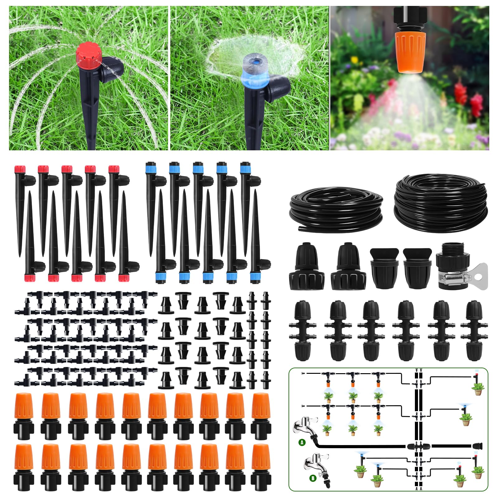 Kit di irrigazione a goccia da 60 m, sistema di irrigazione automatico da giardino con tubo da 1/2" e 1/4" per serra, prato, aiuola rialzata, sistema di irrigazione micro nebulizzazione per piante