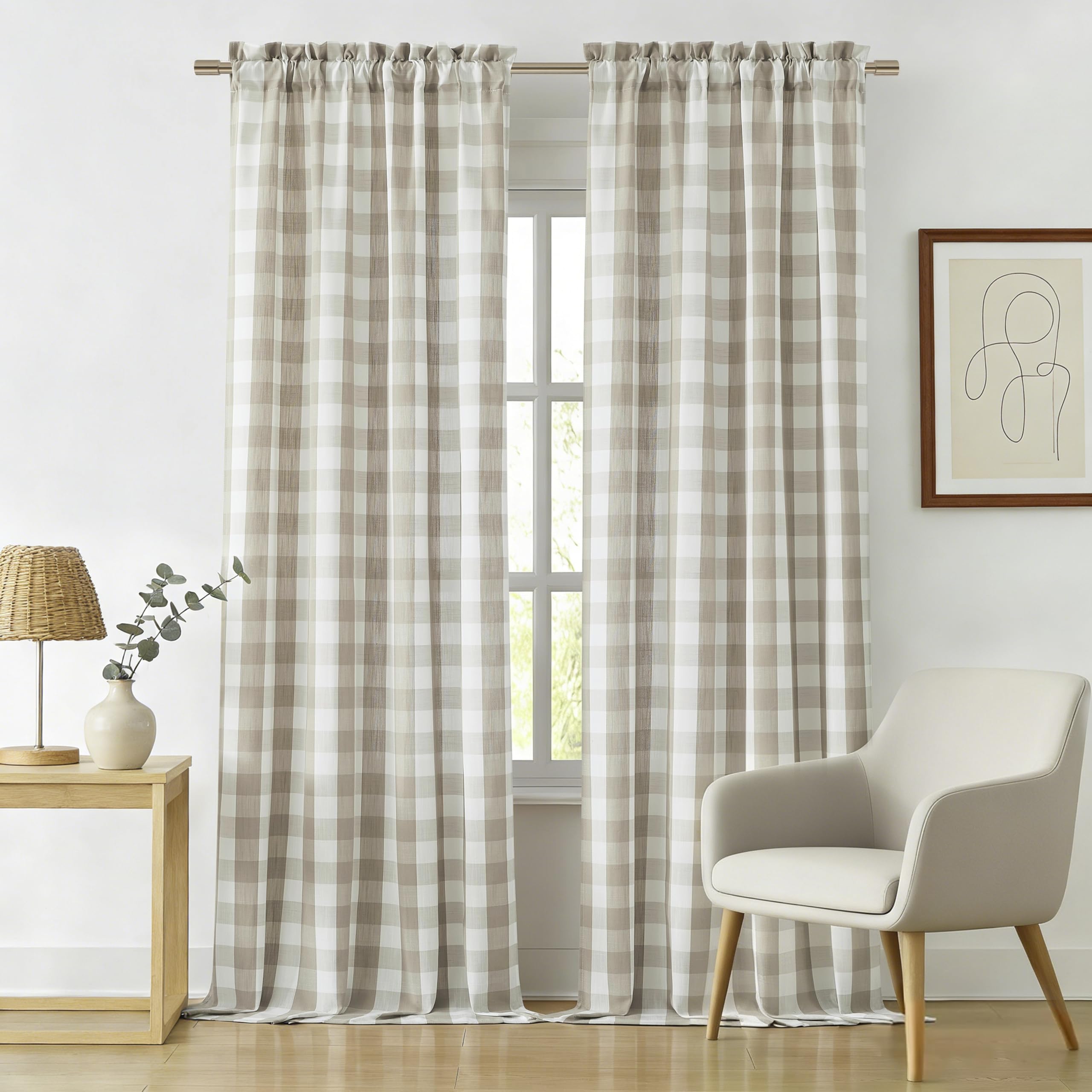Bapawfish Beige White Buffalo Plaid Semi Sheer Curtains 84 Inches Long