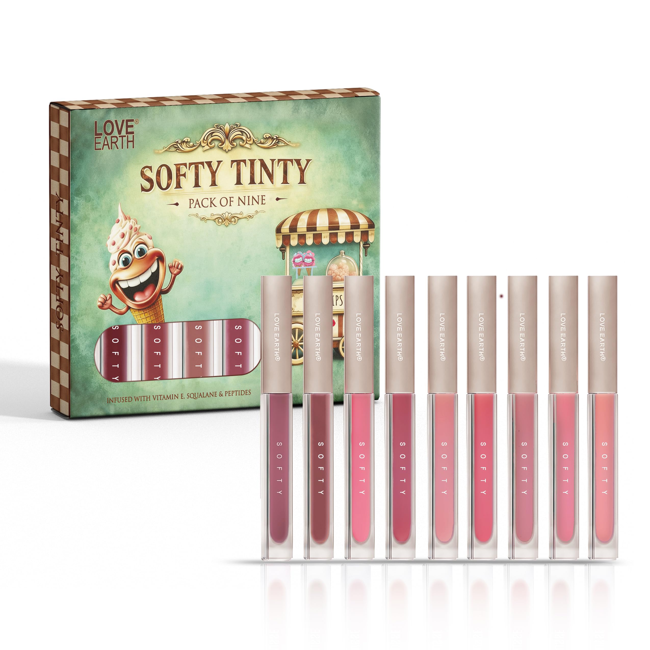 Love Earth Softy Tinty Lipstick - Pack Of 9, Infused With Vitamin E, Squalane & Peptides (2Ml X 9) 18Ml-image-2