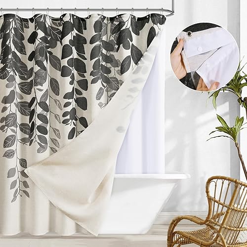 Cortina de ducha de lino de 84 pulgadas, cortina de ducha de tela azul y gris, cortina de ducha de tela azul con forro lavable, cortinas de ducha de