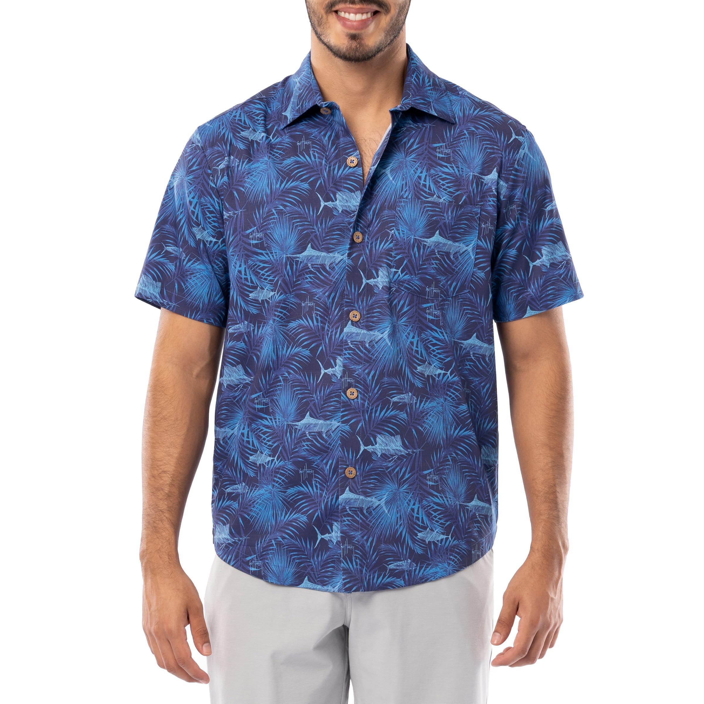 Guy Harvey Men’s Short Sleeve Button Down Resort Shirt, Estate Blue/Incognito, XL