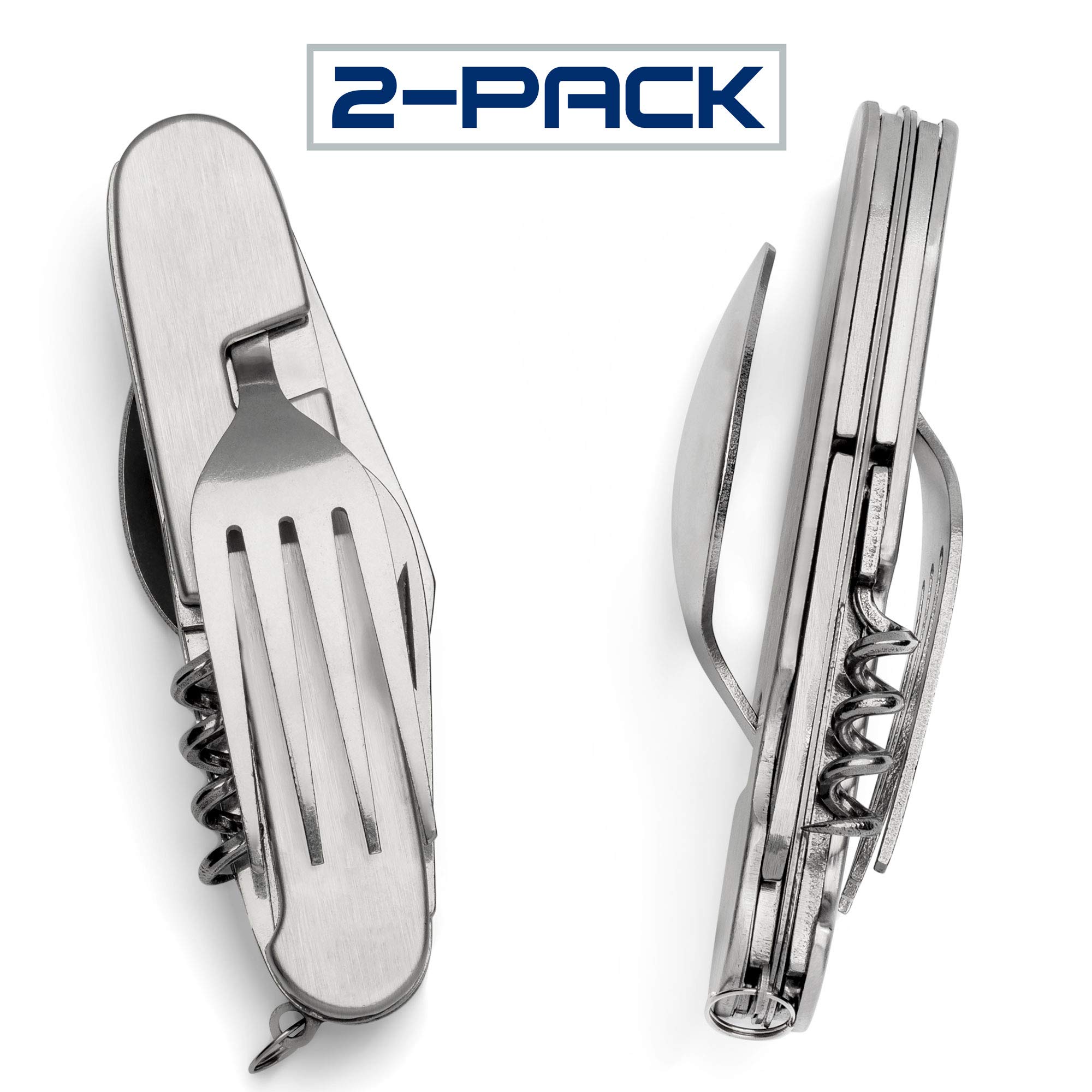 Typhon East 2 Pack Multi-Function 6 in 1 Fork Spoon Opener and Knife Combination for Hiking, Survival, and Camping