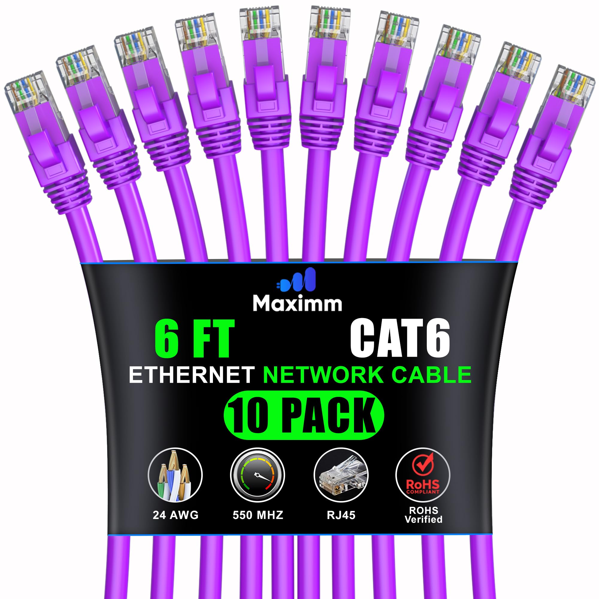 Cat 6 Ethernet Cable 6 ft (10-Pack) - High-Speed LAN Cable, Internet Cable, Patch Cable, and Network Cable - UTP, 10Gbps, 550MHz Ethernet Cord - Purple