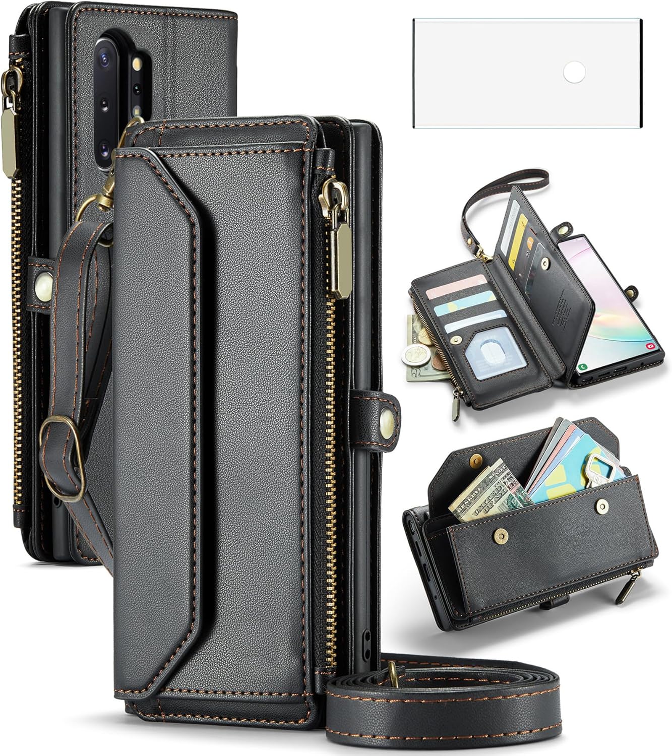 asuwish phone case for samsung galaxy note 10 plus note10+ 5g zipper wallet cover with screen protector and flip rfid blocking card holder cell note10 + notes 10+ ten not s10 10plus women girls black black for note 10 plus / note 10 plus 5g