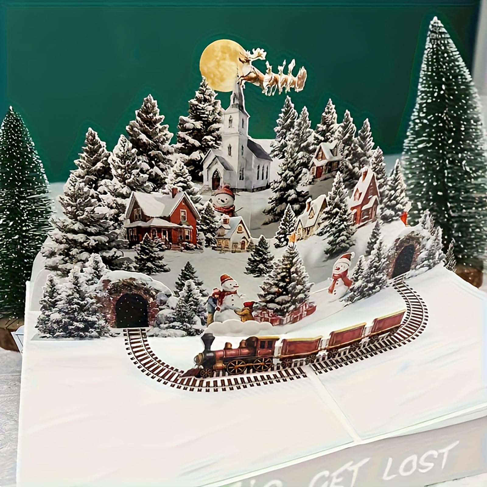 3D Carte de Noël Pop-Up avec Père Noël et Rennes, Enveloppe Incluse