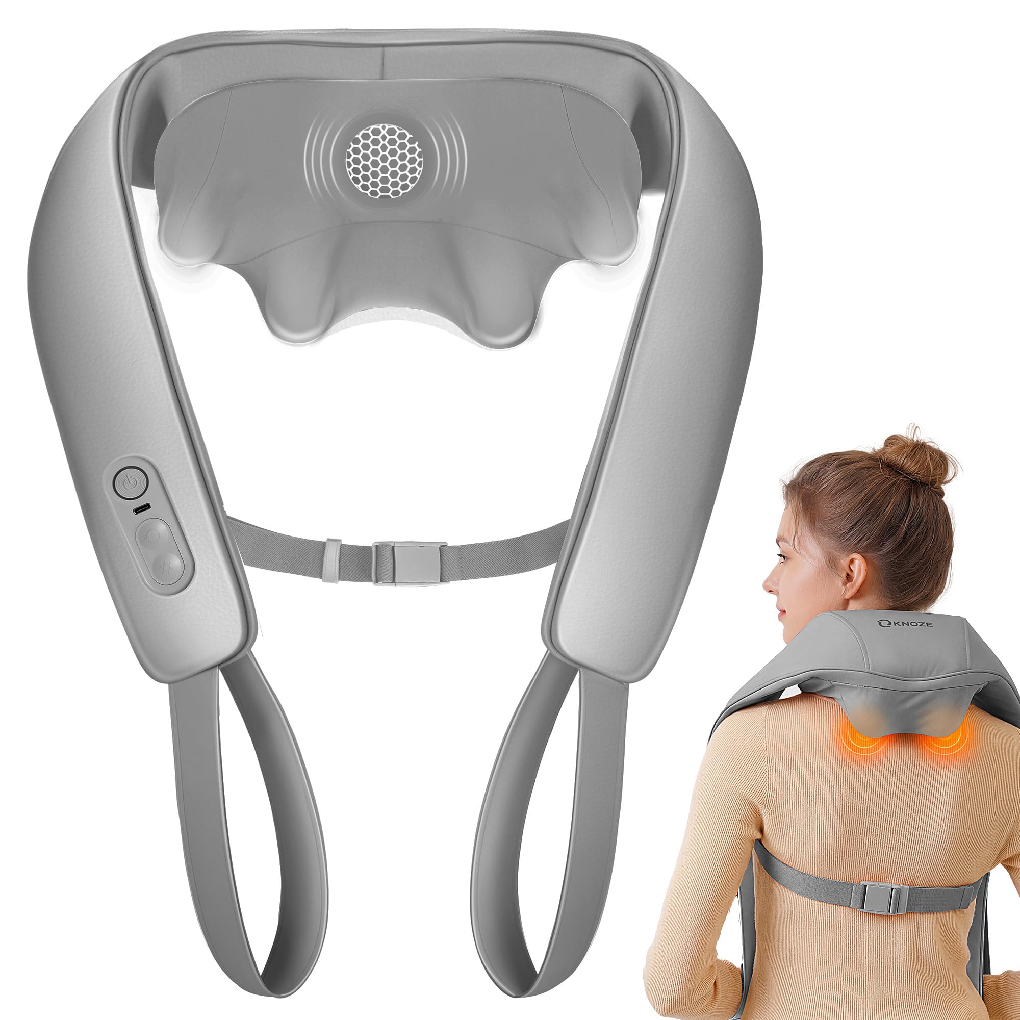 KNQZE® Shiatsu Massagegerät 4D, 2025 Kabellos Nackenmassagegerät mit Wärme, Verbesserte Graphenheizung, 4D Shiatsu Tief knetende Nackenmassage für Nacken, Schulter, Rücken, Geschenke für Männer, Grau