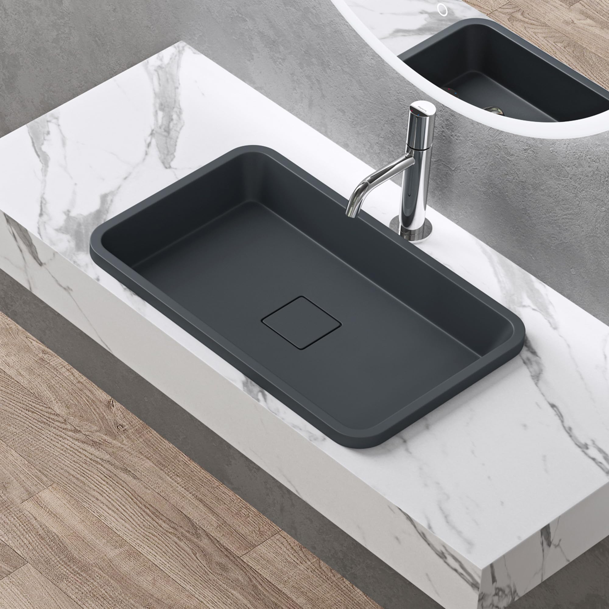 Lavabo encastrado de mármol fundido 53x33x10,5cm antracita mate rectangular con tapa desagüe