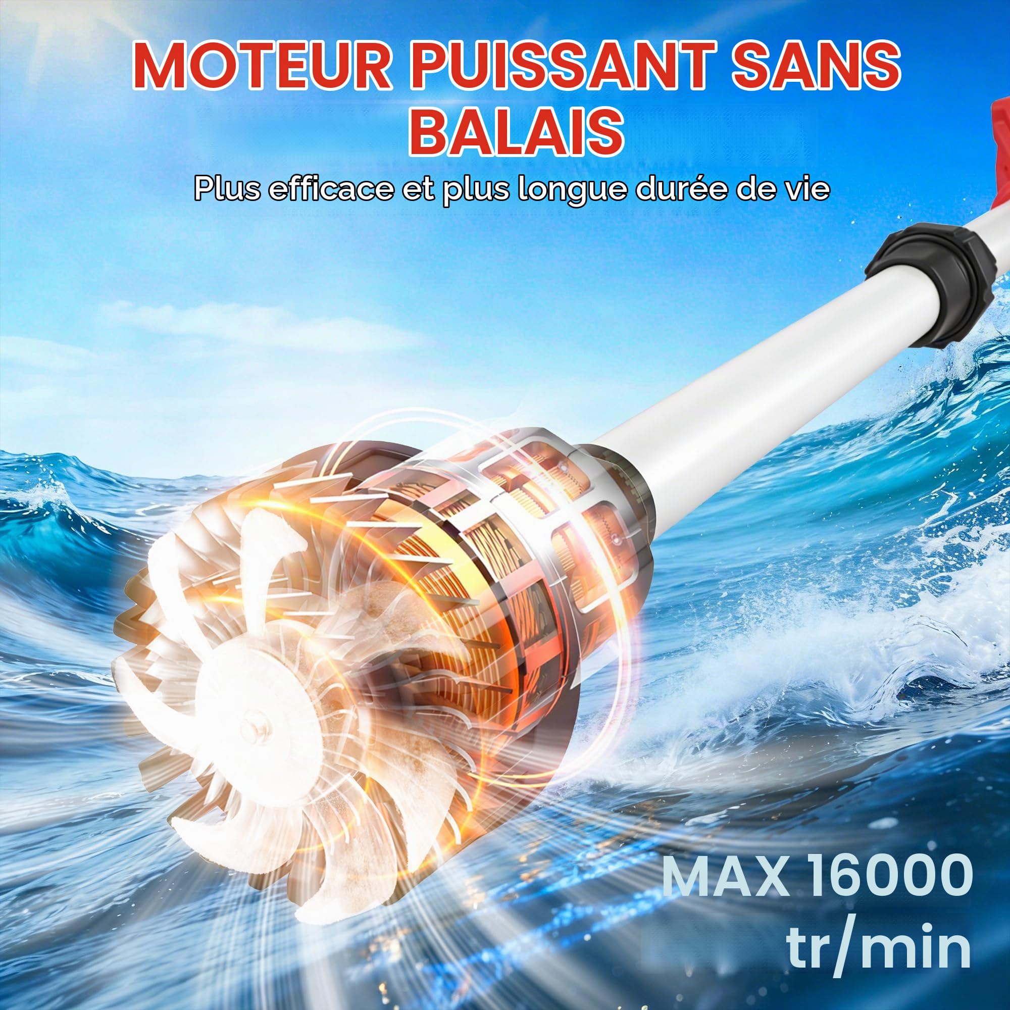 ONEVAN Pompe à Eau sans Fil avec Perche Télescopique, 2x 3,0Ah Batteries | Débit de 2740 l/h, hauteur de refoulement de 10m, tube télescopique de 90 cm, brushless, pour le drainage et l'irrigation