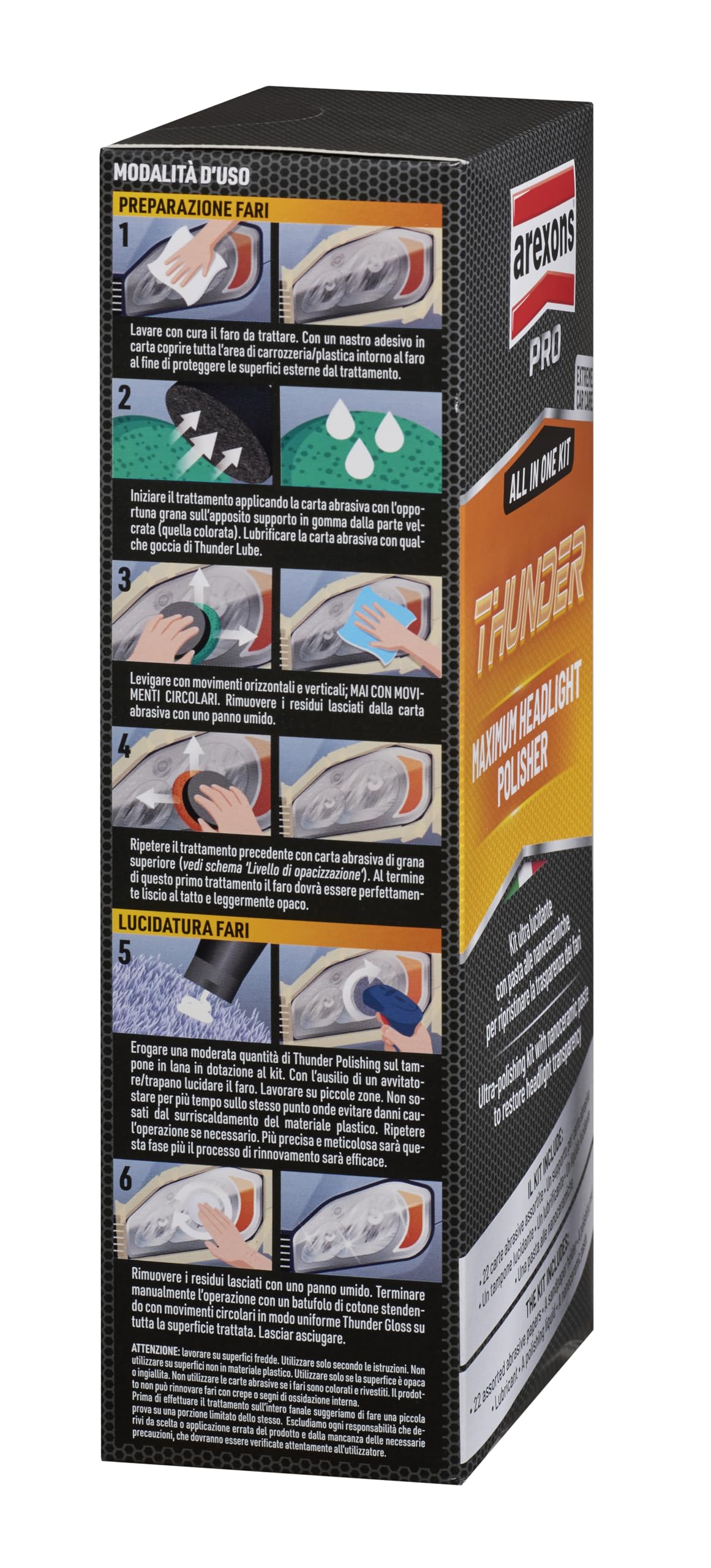 Arexons Car Care Pro THUNDER - Kit Ultra Lucidante Rinnova Fanali, Ripristina la Trasparenza dei Fari, Pasta alle Nano Ceramiche, Lubrificante, Liquido Lucidante e Carte Abrasive