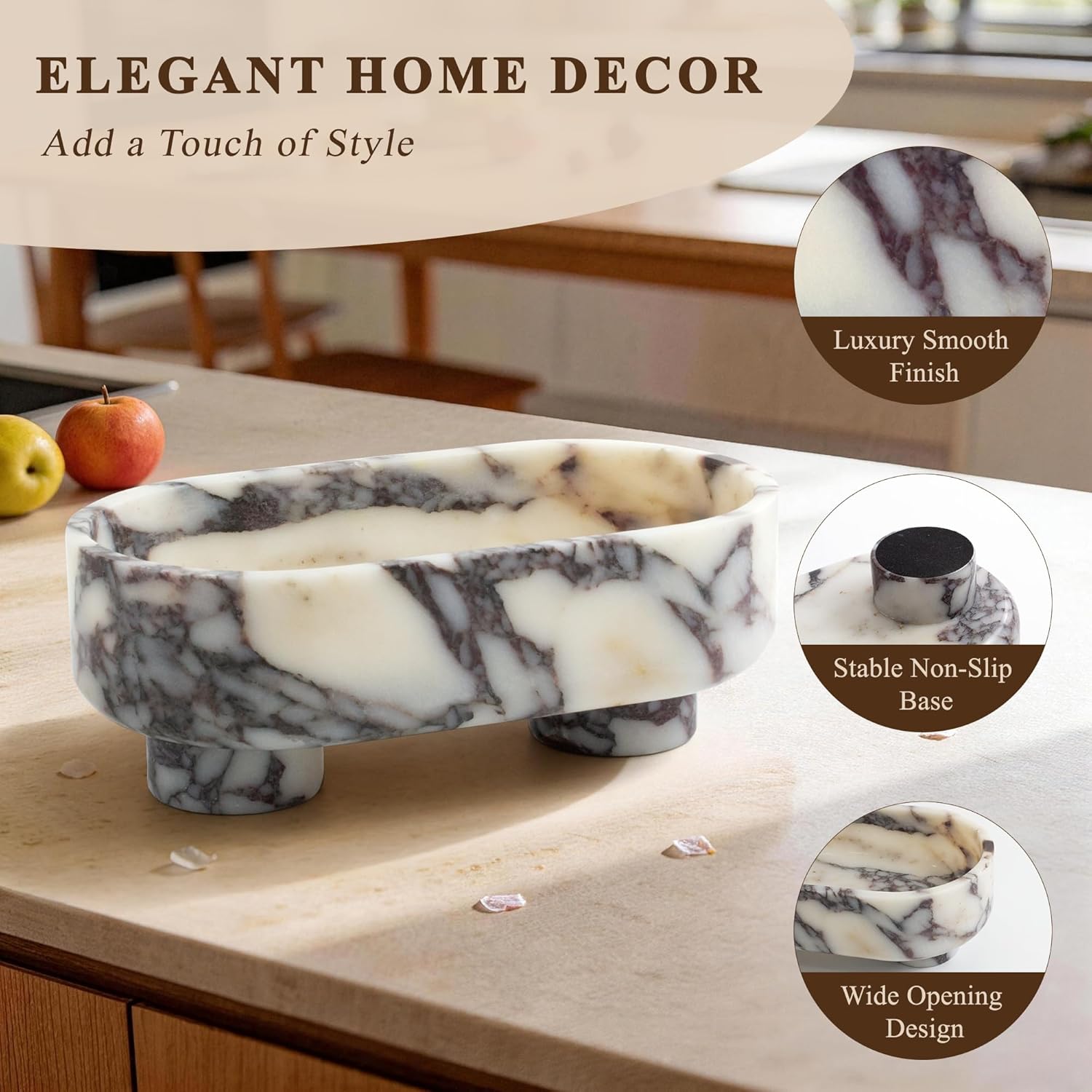 LIN CHUAN Natural Oval Marble Fruit Bowl for Kitchen Counter | Two-Legged Decorative Pedestal Bowl for Dining Table Decor, 10" Luxury Entryway Catchall Purse Bowl - Calacatta Viola
