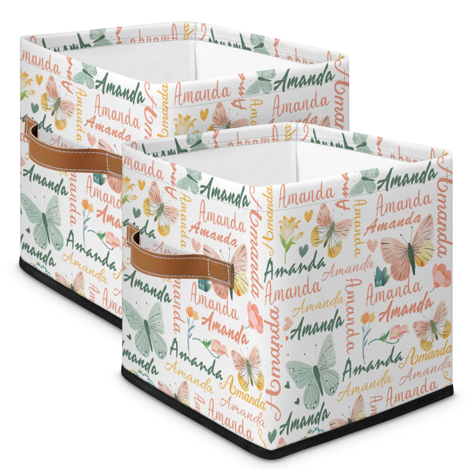RIRIXING Personalised Kids Storage Basket - Custom Name Fabric Toy Organiser Box, Foldable Canvas Bin for Baby Clothes, Books, Laundry, Nursery & Bedroom Decoration 1Pack | Butterfly Pink Green
