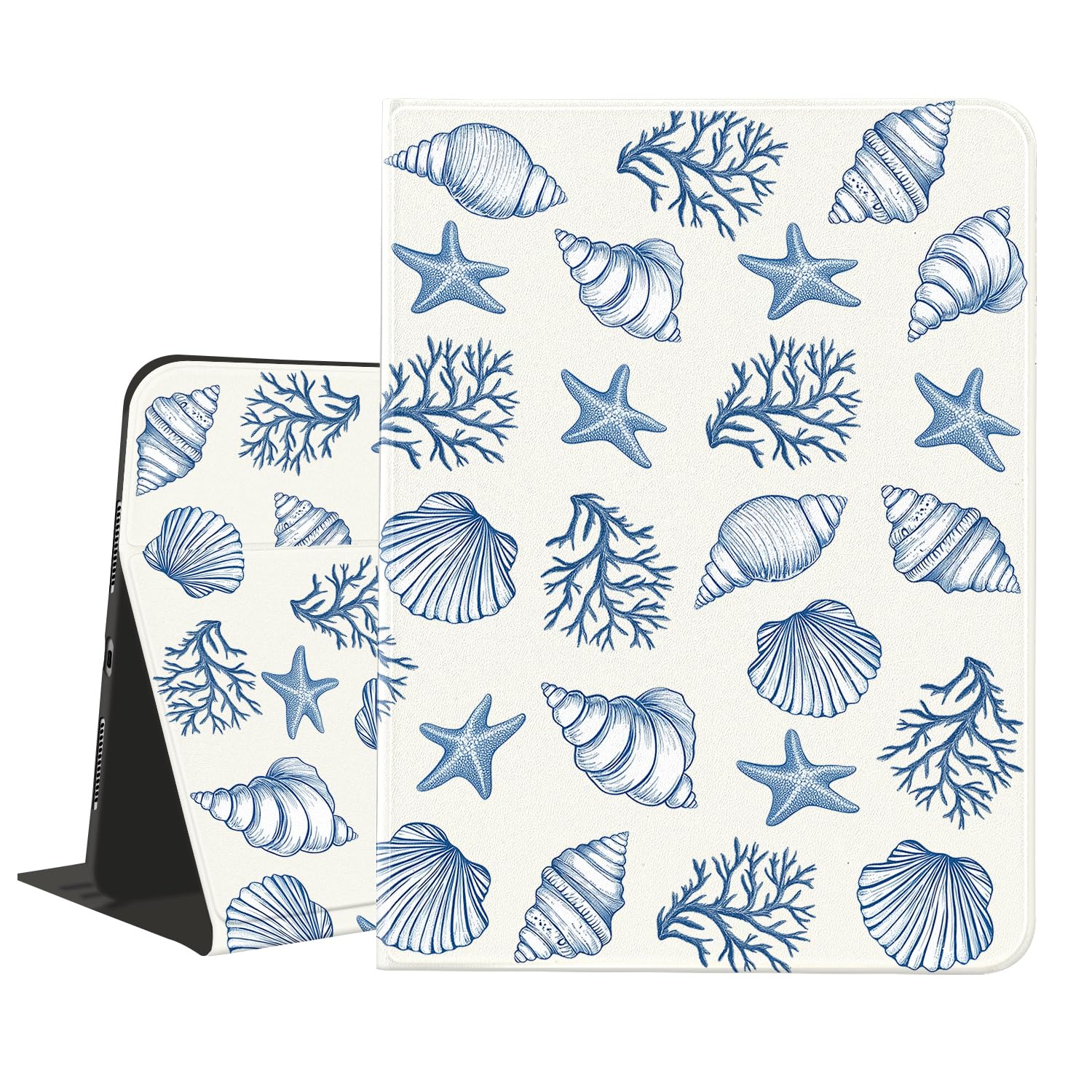AdorableWhimsy Ocean Seashell Case for iPad Air 11" M2/M3(2024/2025)/iPad Air 4/Air 5 10.9" with Pencil Holder Folio Girly White Leather Cover