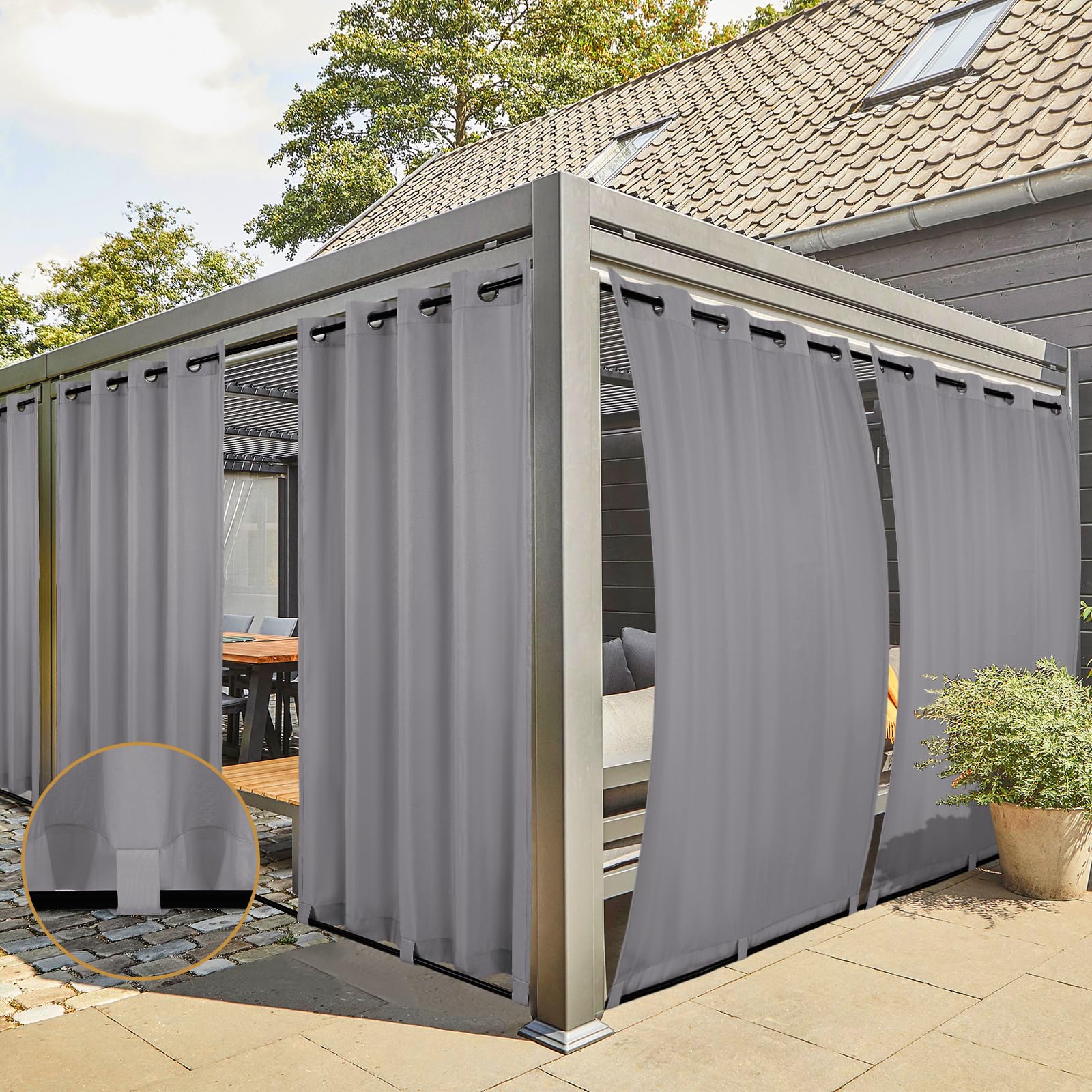 Teruntrue 2 Stücke Outdoor Vorhang Wetterfest mit Ösen, Outdoorvorhänge Balkon Vorhang Terrasse Vorhänge Outdoor Gardinen Sonnenschutz & Sichtschutz Vorhänge mit Schlaufen Unten, H213 x B254 cm, Grau