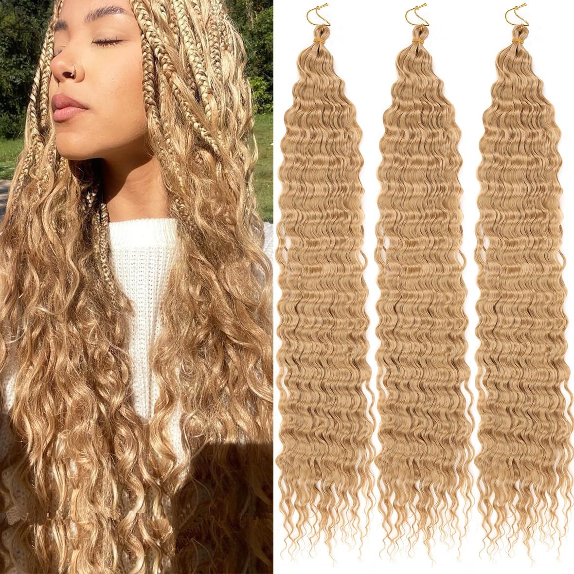 Kachanaa 30 Inch Pre-Separate Deep Wave Braiding Hair Extensions for Goddess River Braids 3 Pack Synthetic Ocean Wave Crochet Hair for Boho Box Braids Blonde EZ Braiding Hair /27#